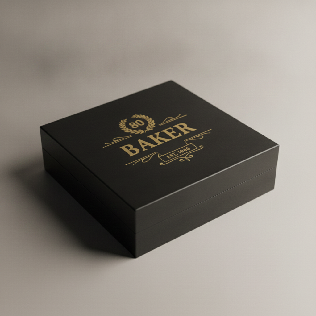 Personalized 80th birthday keepsake box in matte black wood with a gold engraved name crest, a unique 80th birthday gift for him