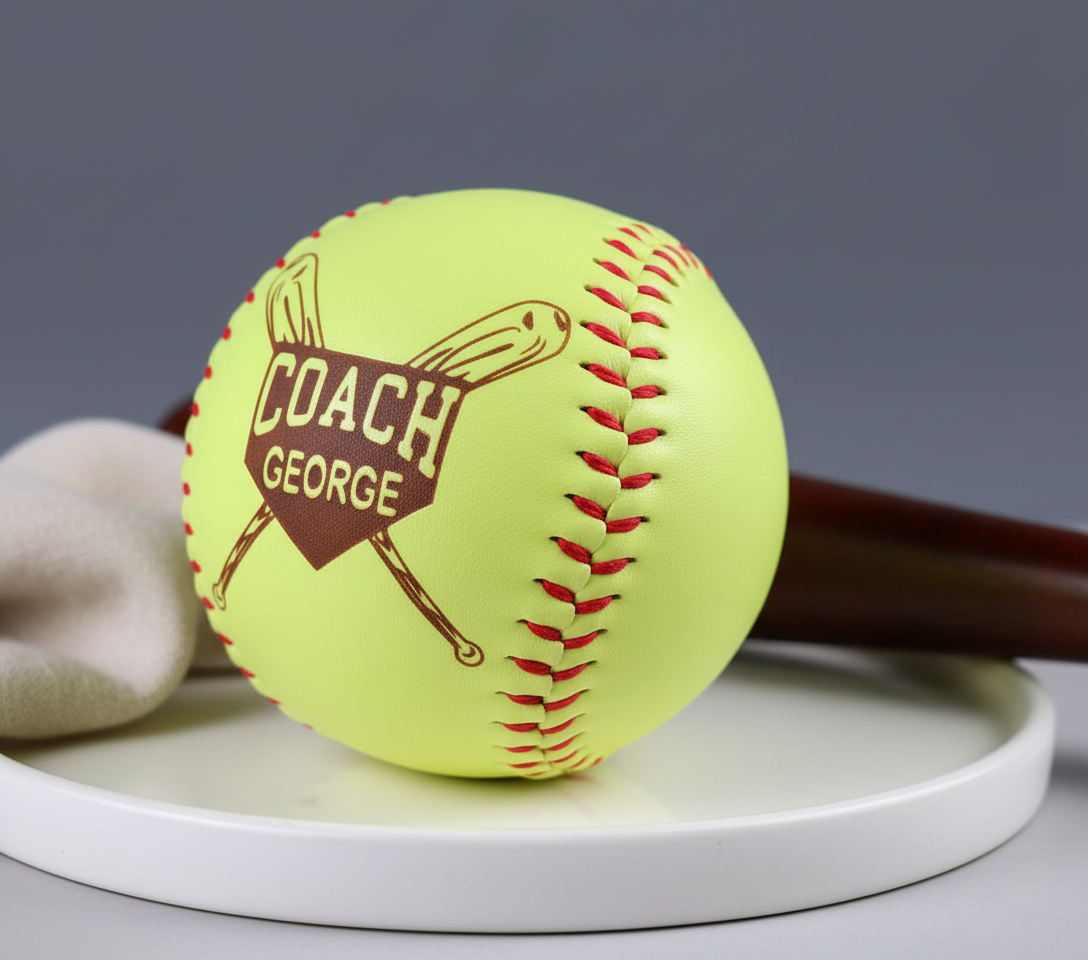 Bright yellow softball with red stitching, laser engraved crossed bats design personalized as a softball coach gift