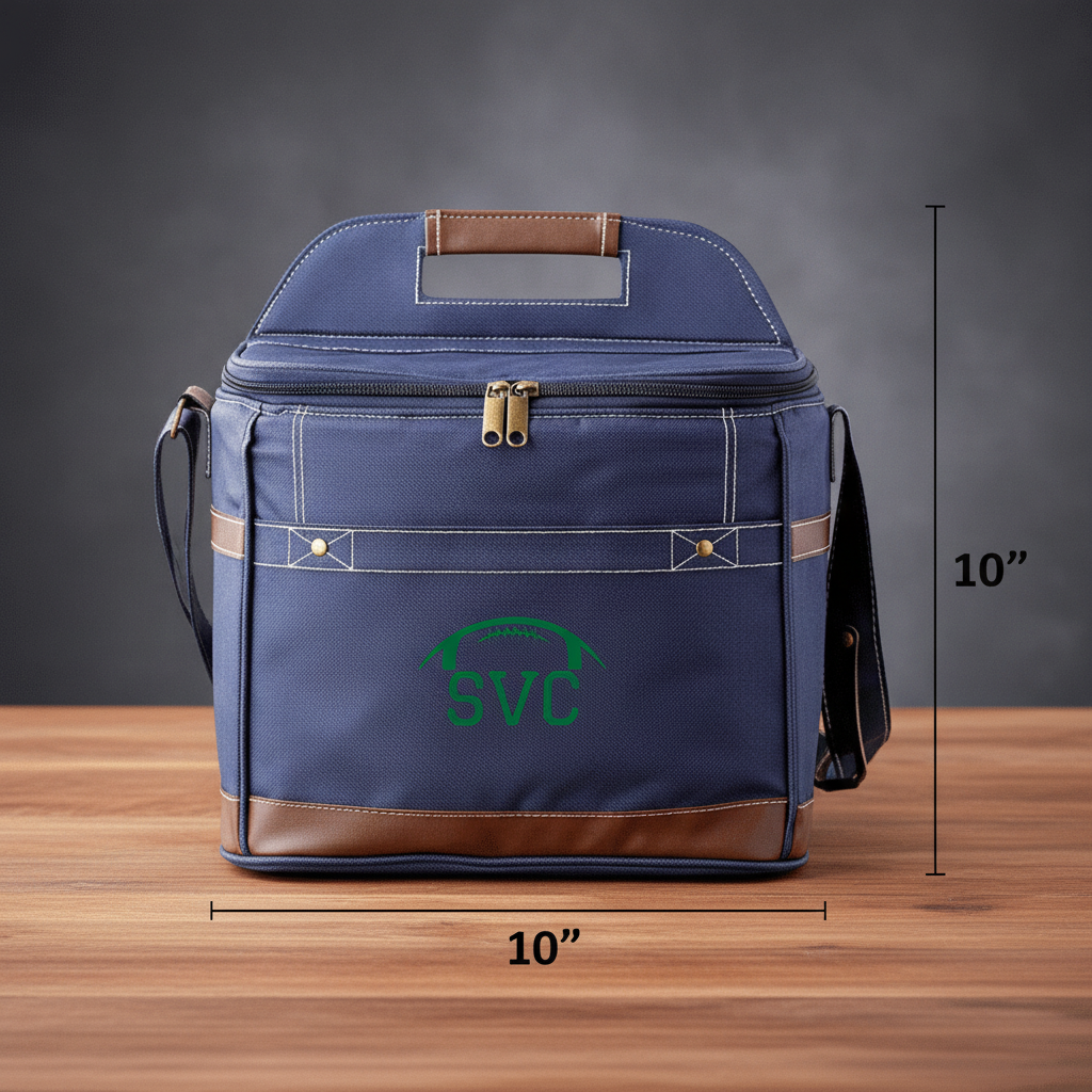 Navy canvas cooler with brown leather trim, personalized with sample monogram "SVC" in green embroidery, measuring 10 inches wide by 10 inches tall