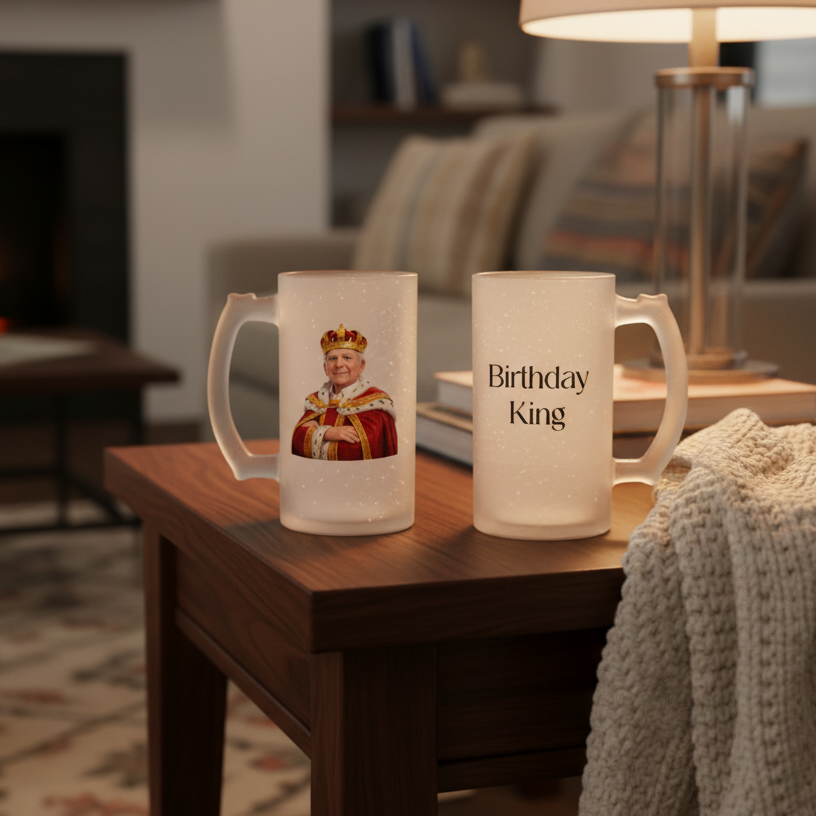 Pair of frosted glass mugs displayed on wooden table, left mug showing sample AI-generated royal portrait with crown and robe, right mug printed with "Birthday King" text