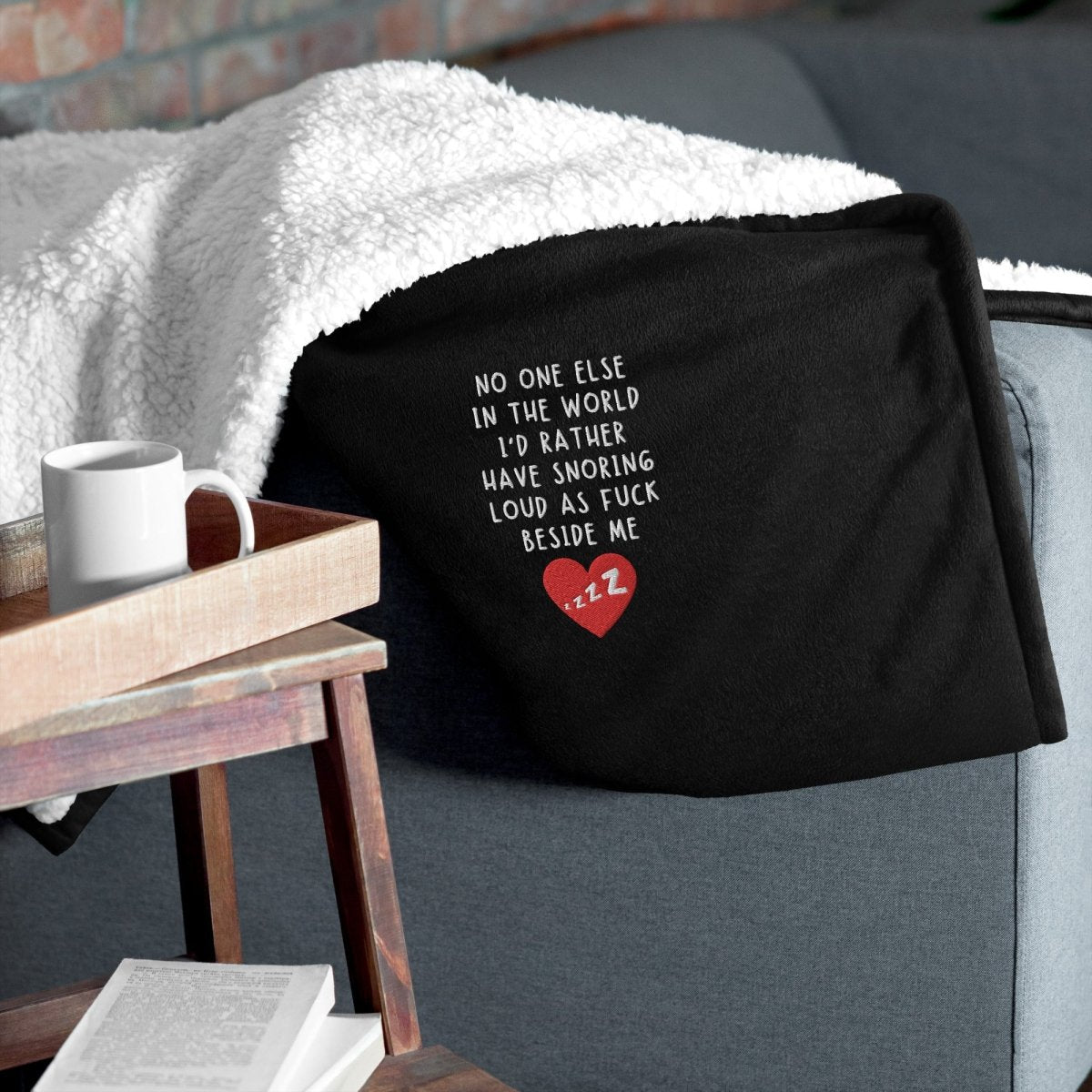 Funny Love Sherpa Blanket with humorous quote, made from soft fleece and sherpa, measuring 50″ × 60″ – perfect for Valentine’s Day, anniversaries, or cozy nights at home.