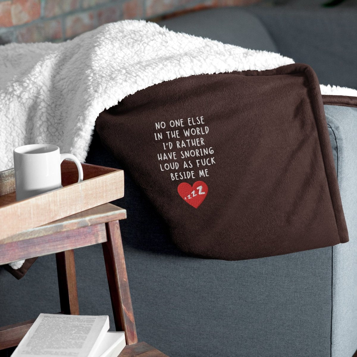 Funny Love Sherpa Blanket with humorous quote, made from soft fleece and sherpa, measuring 50″ × 60″ – perfect for Valentine’s Day, anniversaries, or cozy nights at home.