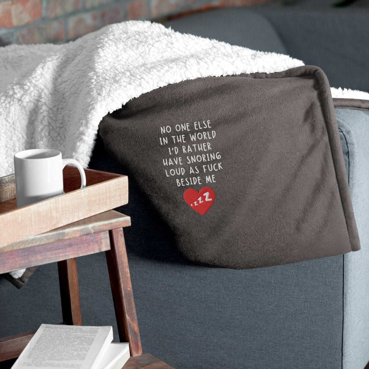 Funny Love Sherpa Blanket with humorous quote, made from soft fleece and sherpa, measuring 50″ × 60″ – perfect for Valentine’s Day, anniversaries, or cozy nights at home.