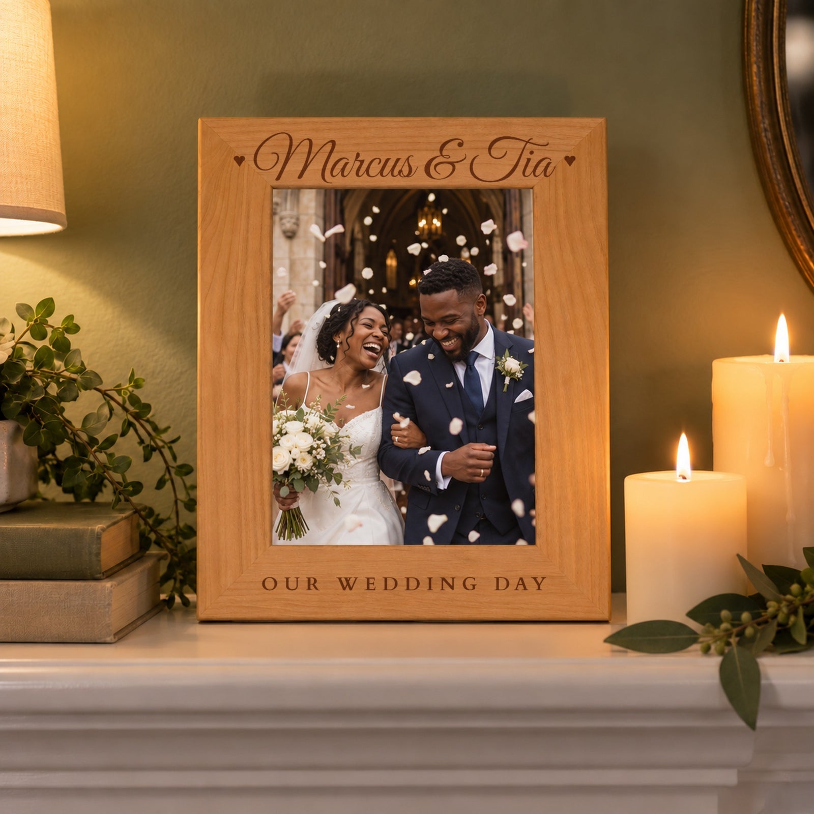Engraved wood picture frame reading Marcus & Tia and Our Wedding Day with a wedding photo on a mantel, a personalized anniversary gift for husband