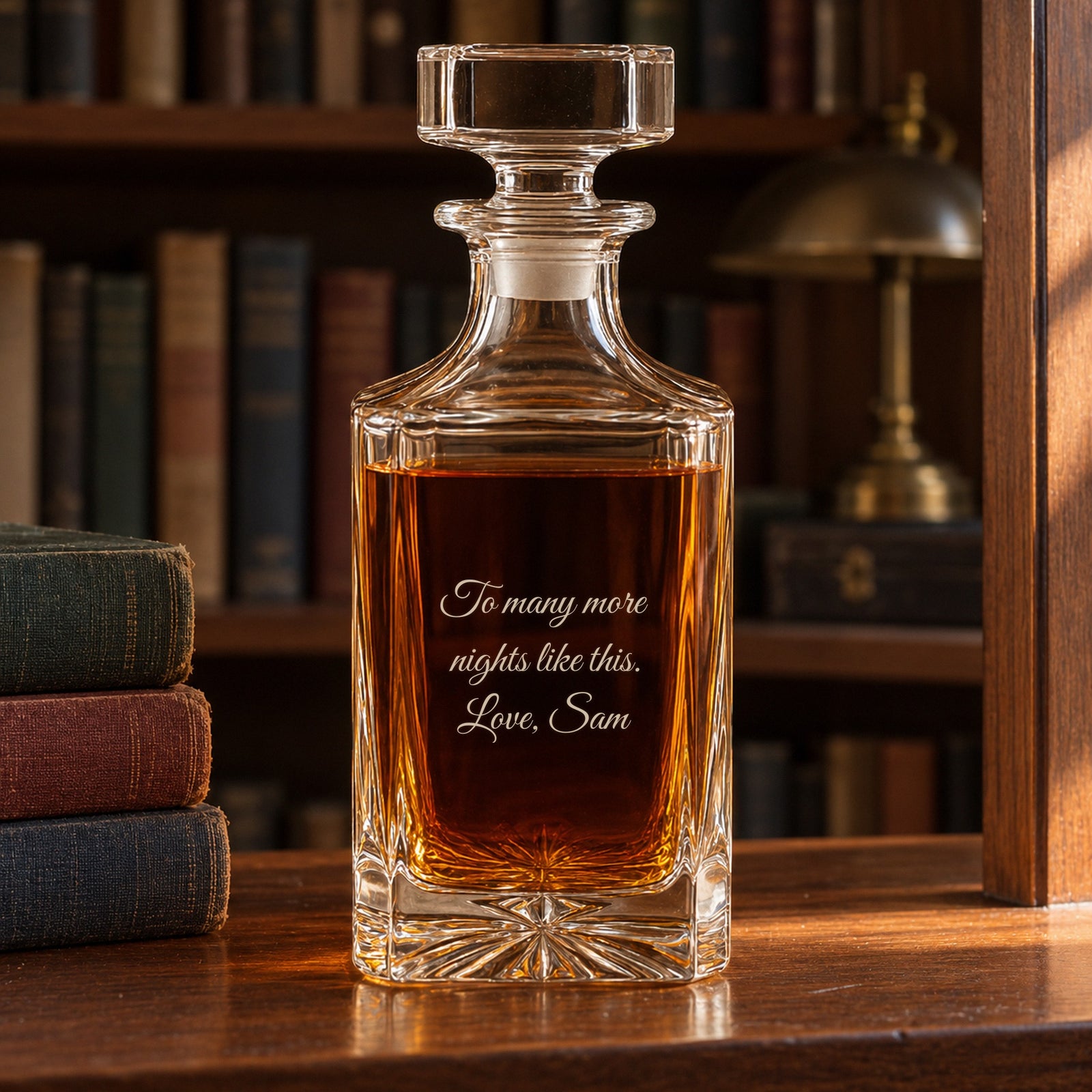 Back of the personalized whiskey decanter engraved To many more nights like this, Love, Sam, on a bookshelf in a home study