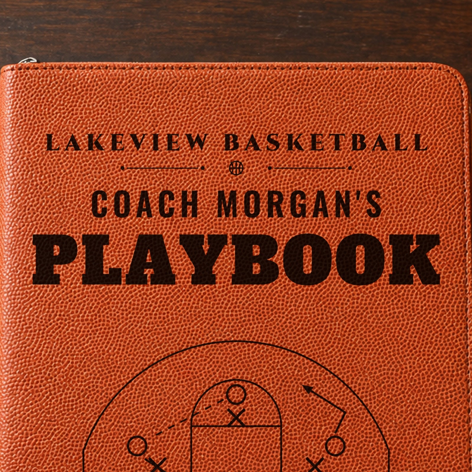 Close-up of the black laser engraving on the basketball grain cover: Lakeview Basketball, Coach Morgan's Playbook and the half-court play diagram