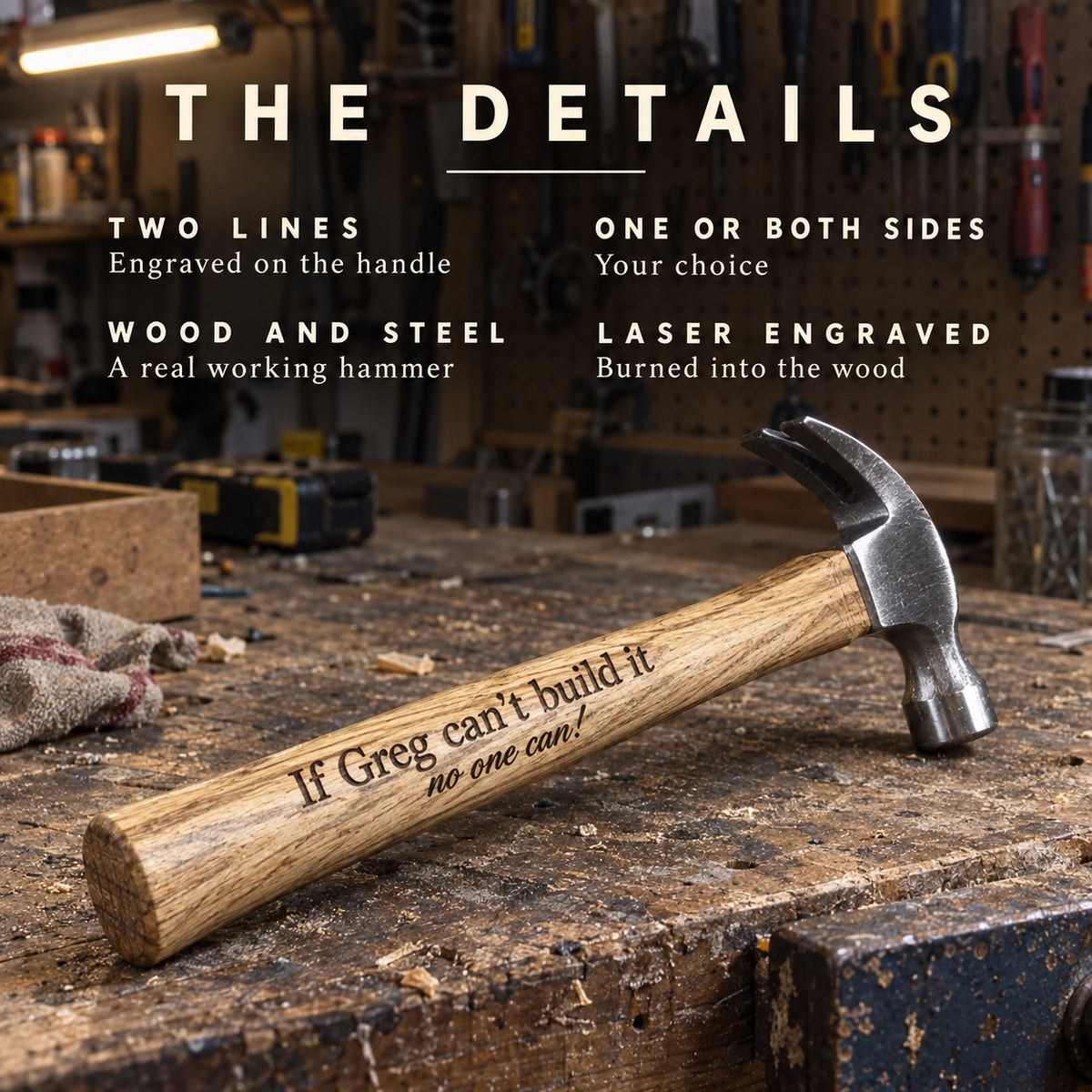 Details of the engraved hammer reading If Greg can't build it, no one can: two lines on the handle, one or both sides, wood and steel