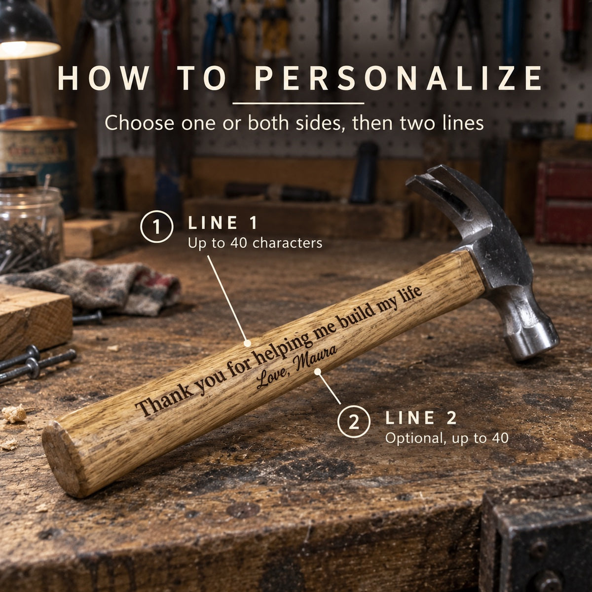 How to personalize the hammer: choose one or both sides, then Line 1 up to 40 characters and an optional Line 2, shown as Love, Maura
