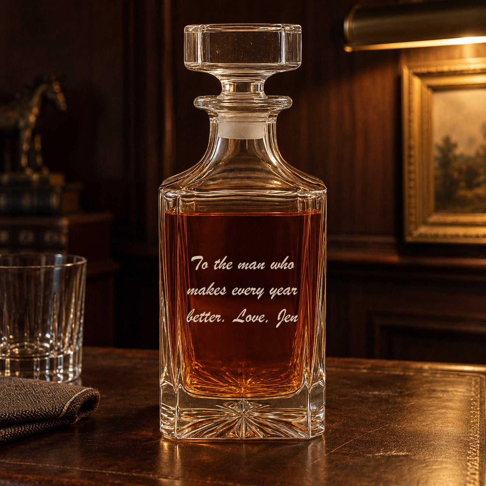 Back of an engraved whiskey decanter with a script message from Jen to her husband, a personalized anniversary gift for him on a leather-topped home bar