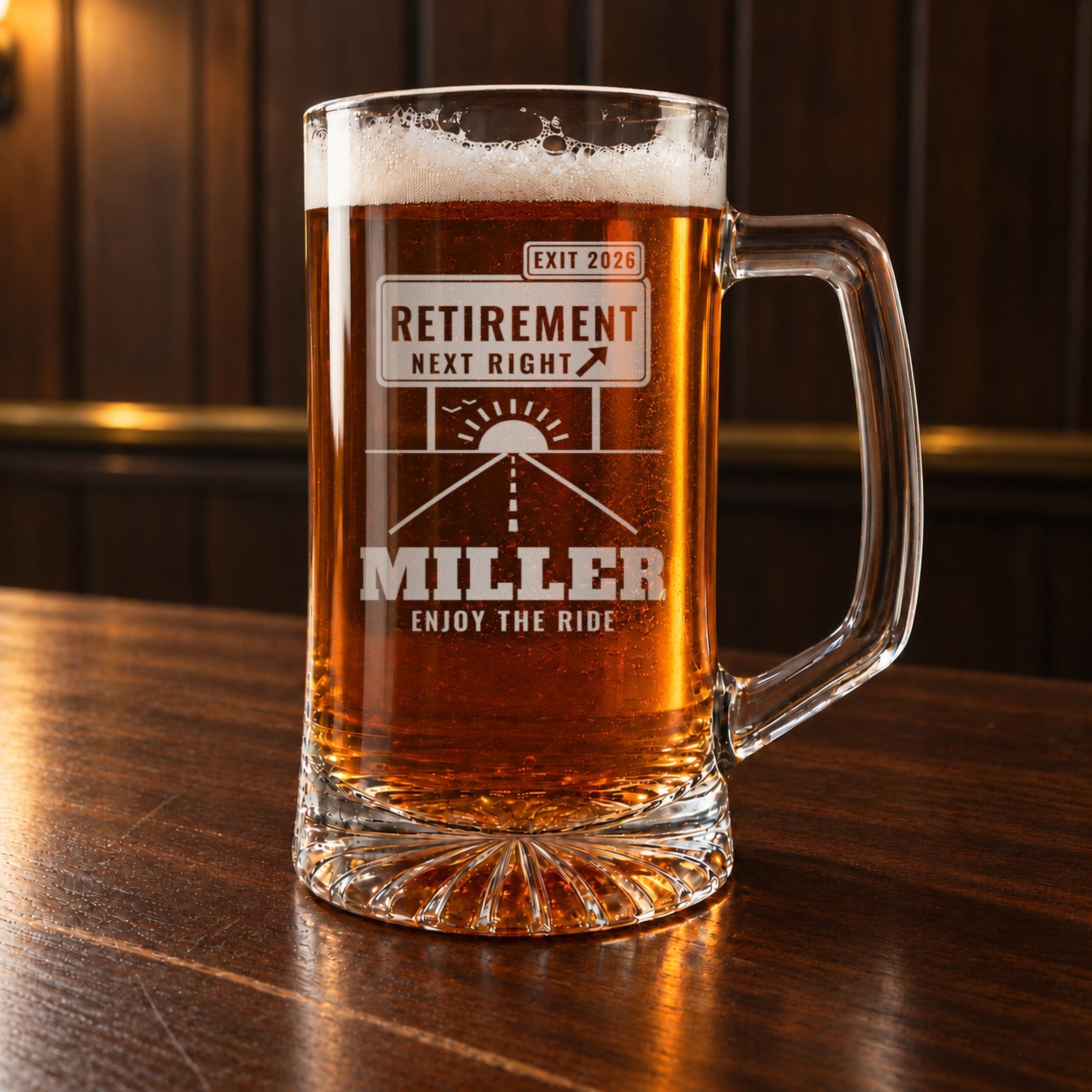 Retirement gift for men: a personalized 25 oz glass beer mug engraved with a RETIREMENT NEXT RIGHT exit sign, EXIT 2026, an open road, MILLER and ENJOY THE RIDE