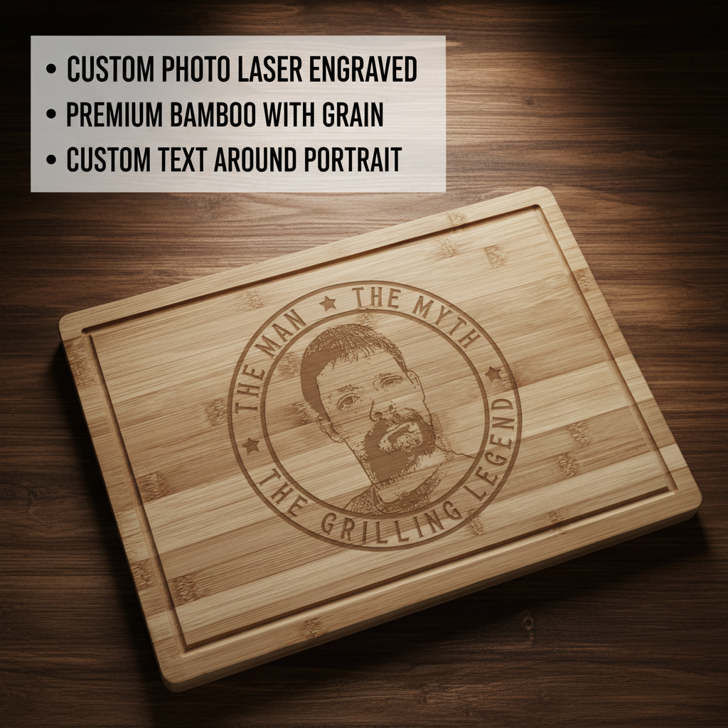 Bamboo cutting board laser-engraved with sample portrait photo and circular text reading "The Man The Myth The Grilling Legend" with decorative stars