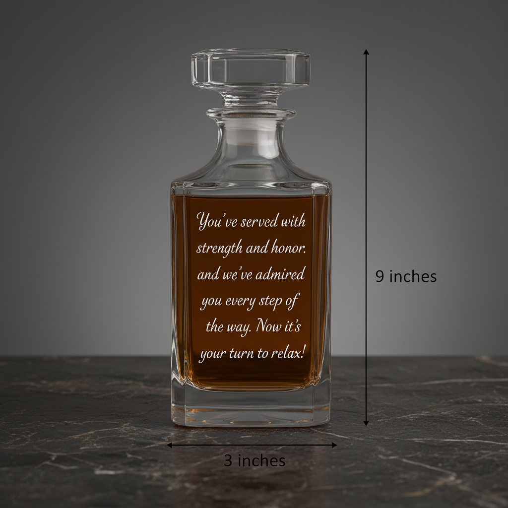 Crystal decanter laser-engraved with sample retirement message, filled with amber liquid, displayed with 9-inch height and 3-inch width dimensions shown