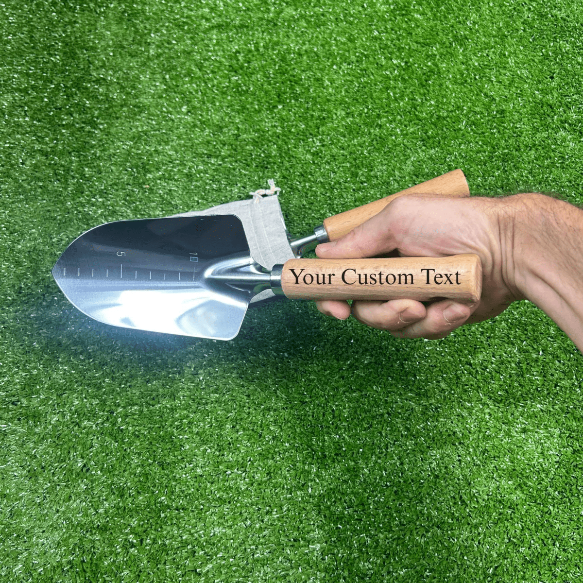 Engraved wooden handle garden shovel with rustic burlap gift bag