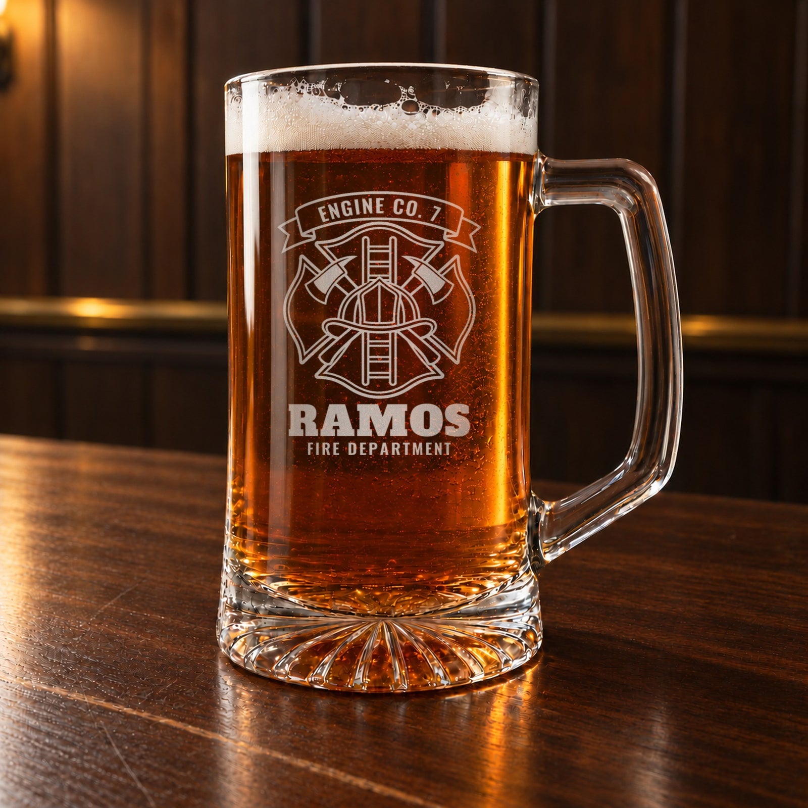 Personalized firefighter beer stein on a bar, engraved with a Maltese cross, helmet, axes and ladder, Engine Co. 7, Ramos and Fire Department