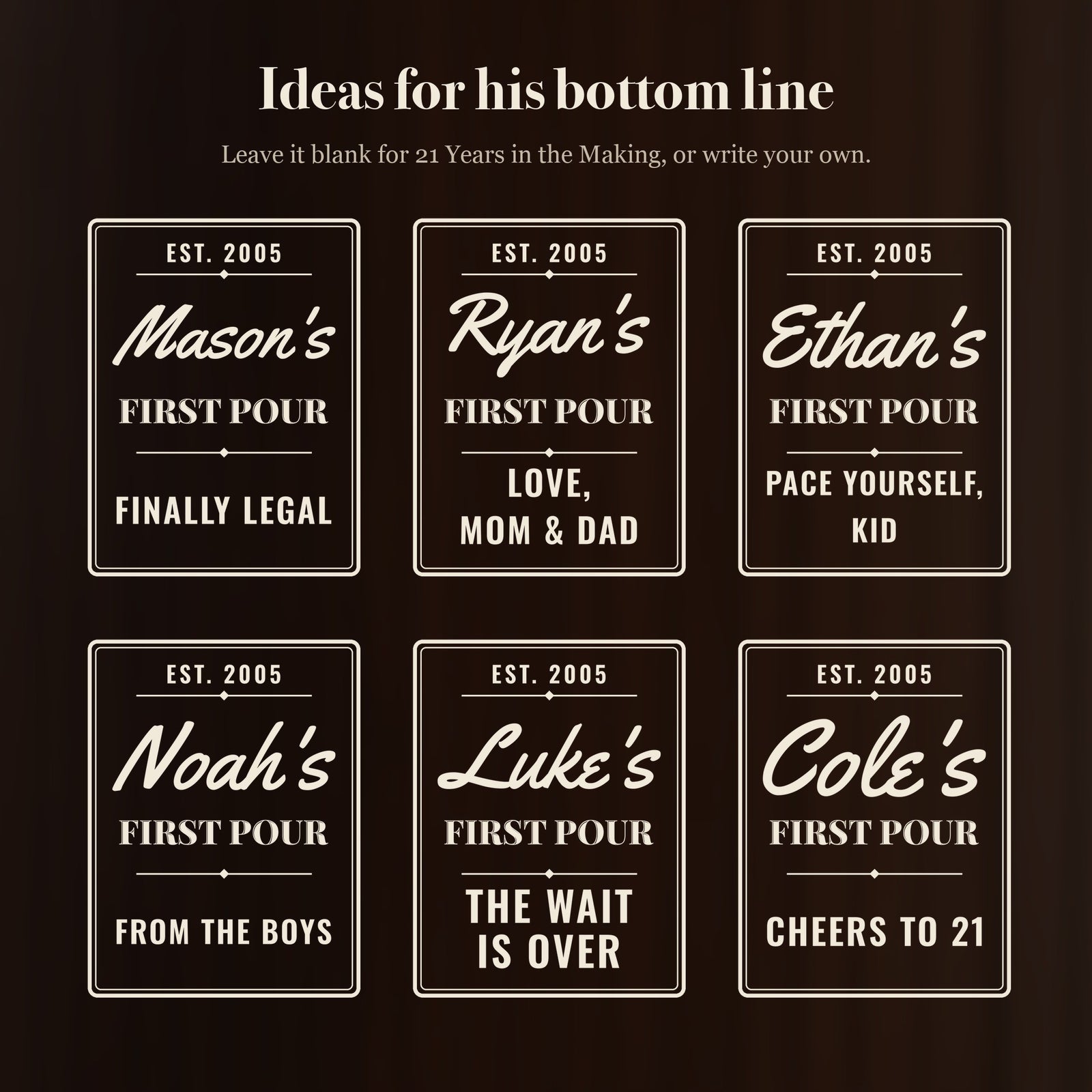 Six bottom line ideas for a 21st birthday beer stein, from Finally Legal and Love, Mom and Dad to From the Boys and Cheers to 21