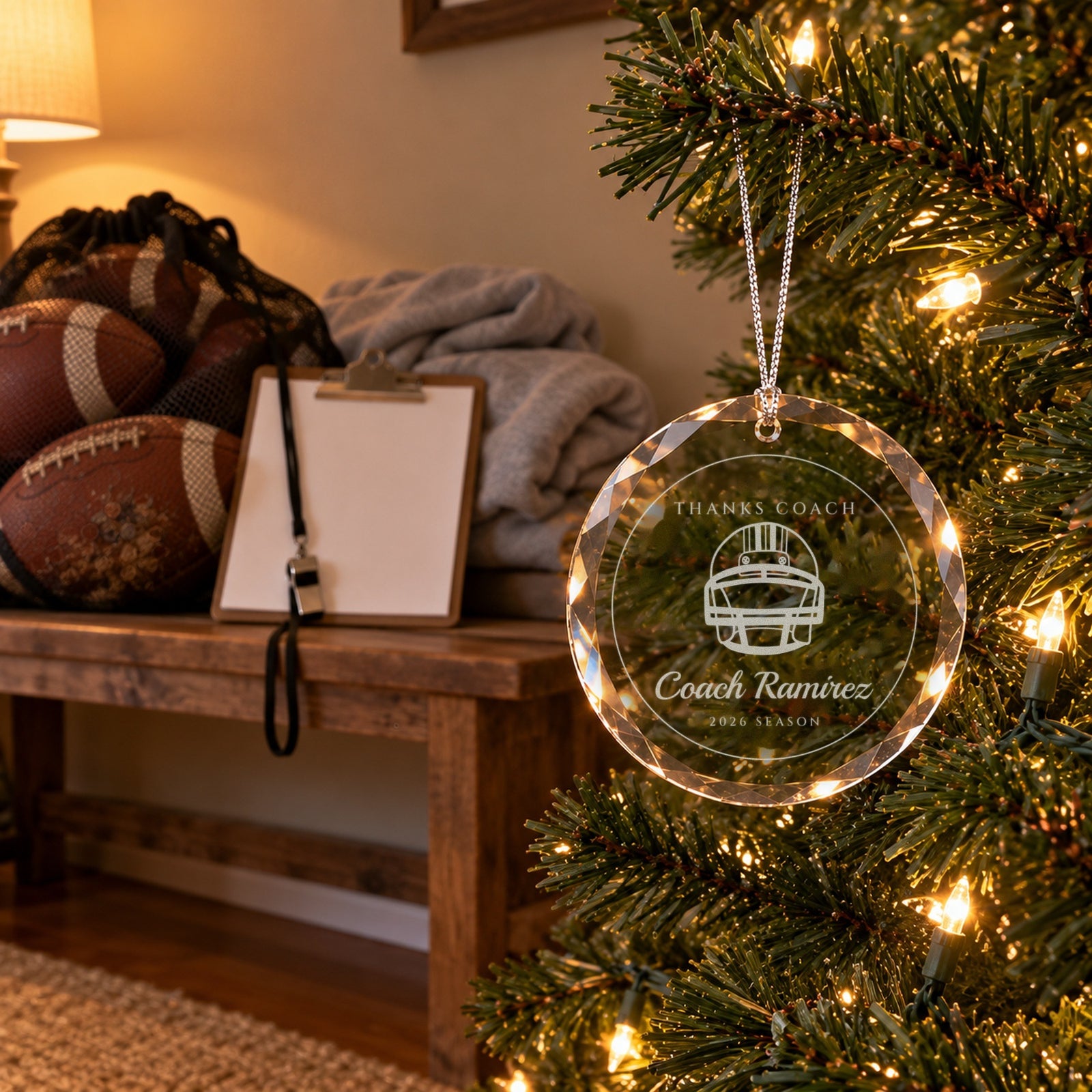 Football coach Christmas ornament engraved THANKS COACH, Coach Ramirez, 2026 SEASON on a tree beside a bag of footballs, a whistle and a clipboard