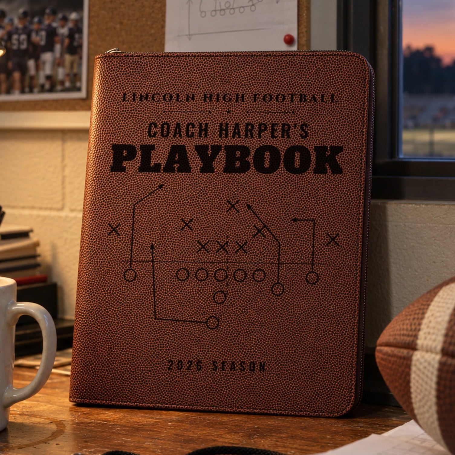 Football coach gift portfolio engraved Lincoln High Football, Coach Harper's Playbook, 2026 Season, standing on a coach's office desk with a whistle and a football