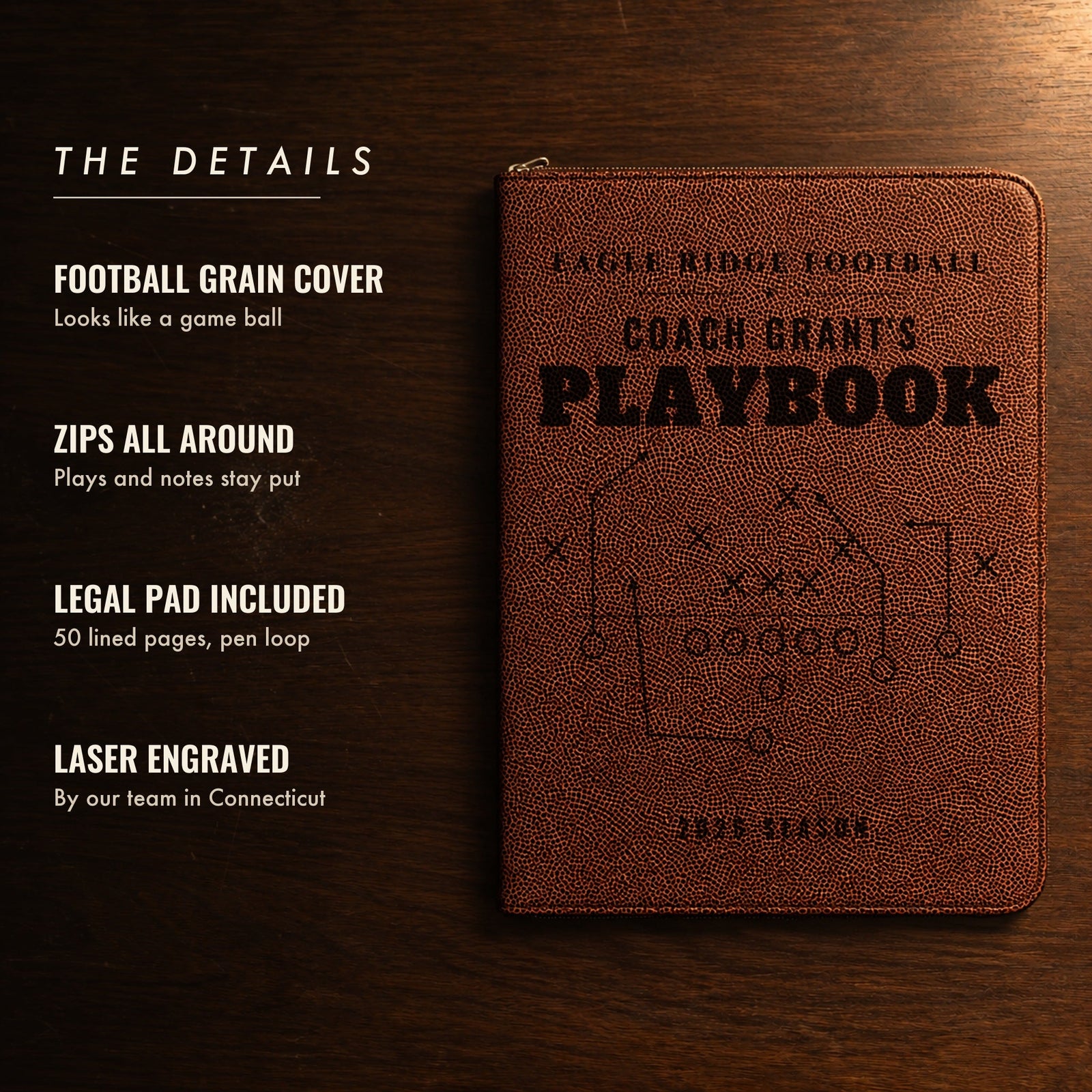 Details of the engraved football coach padfolio: football grain cover, zips all around, legal pad included, laser engraved, shown as Coach Grant's Playbook