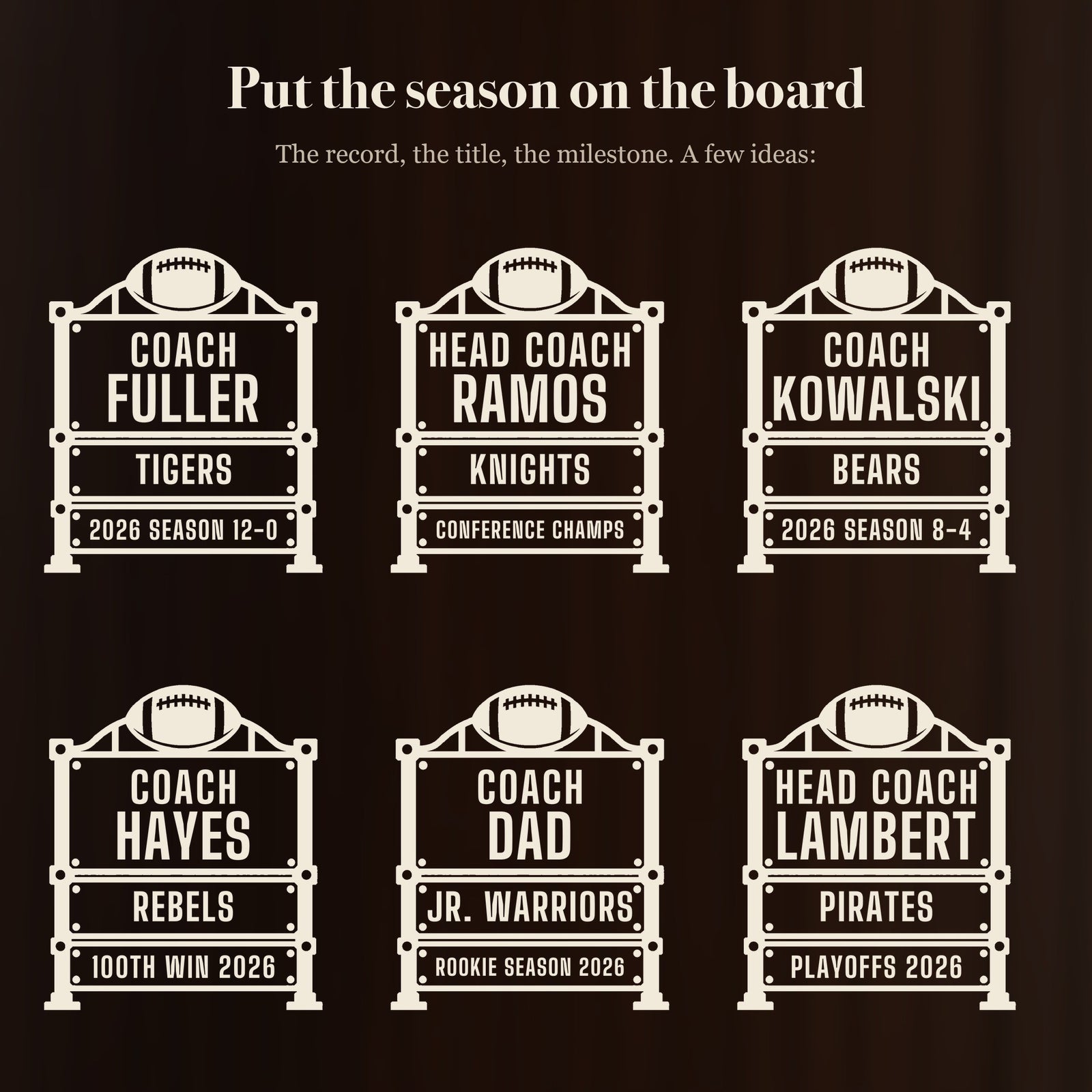 Six ways to engrave the football coach scoreboard beer stein: Coach Fuller, Head Coach Ramos, Coach Kowalski, Coach Hayes and more