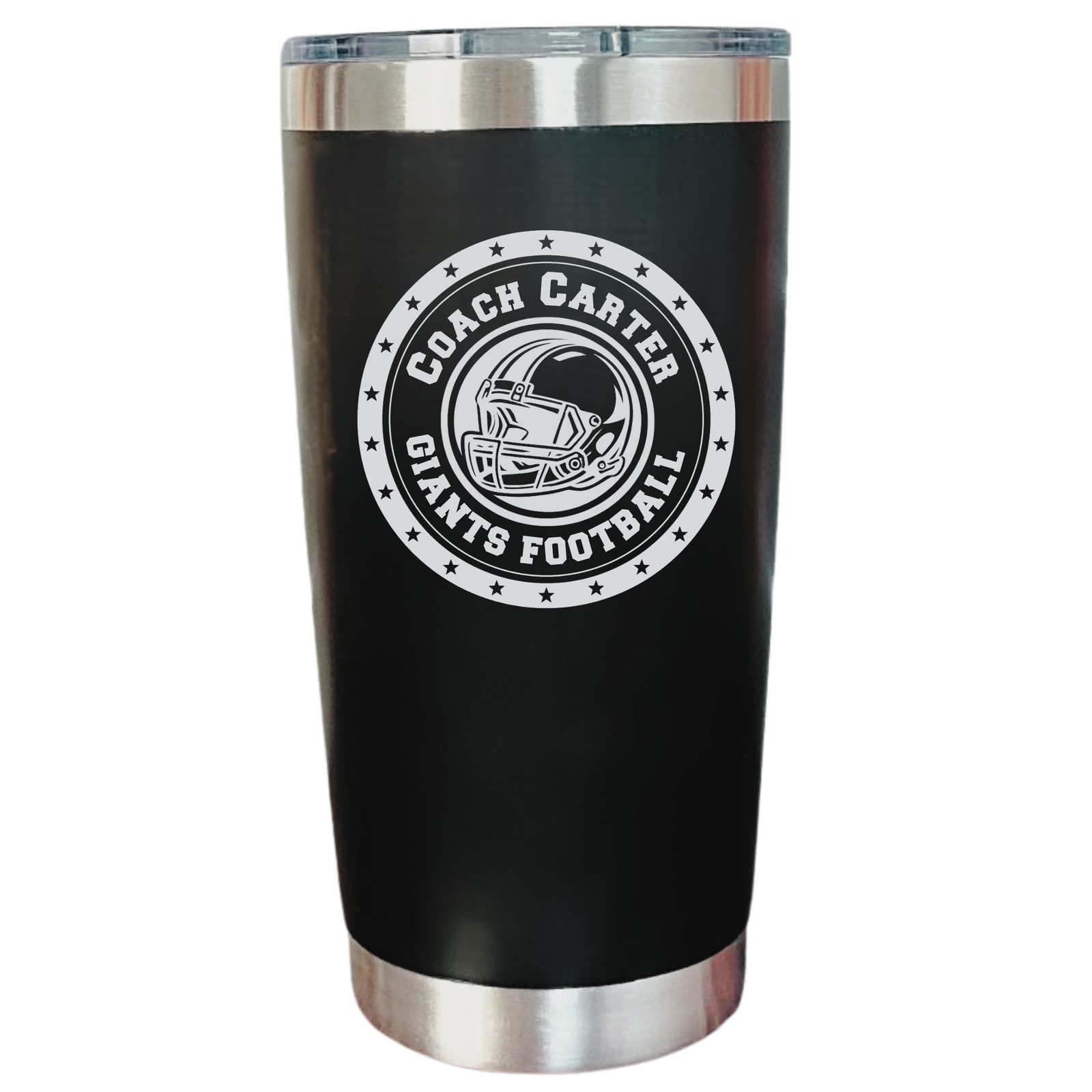 Personalized football coach tumbler in black, laser engraved with COACH CARTER and GIANTS FOOTBALL on a helmet crest, a football coach gift