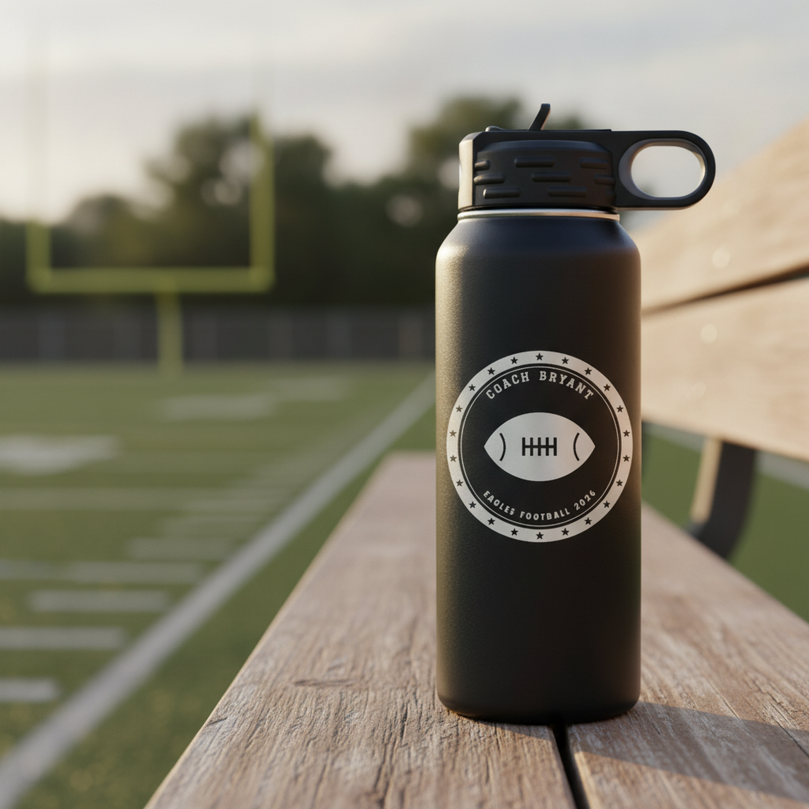 Personalized football coach water bottle in black stainless steel engraved with a championship seal reading Coach Bryant, standing on a sideline bench at a football field