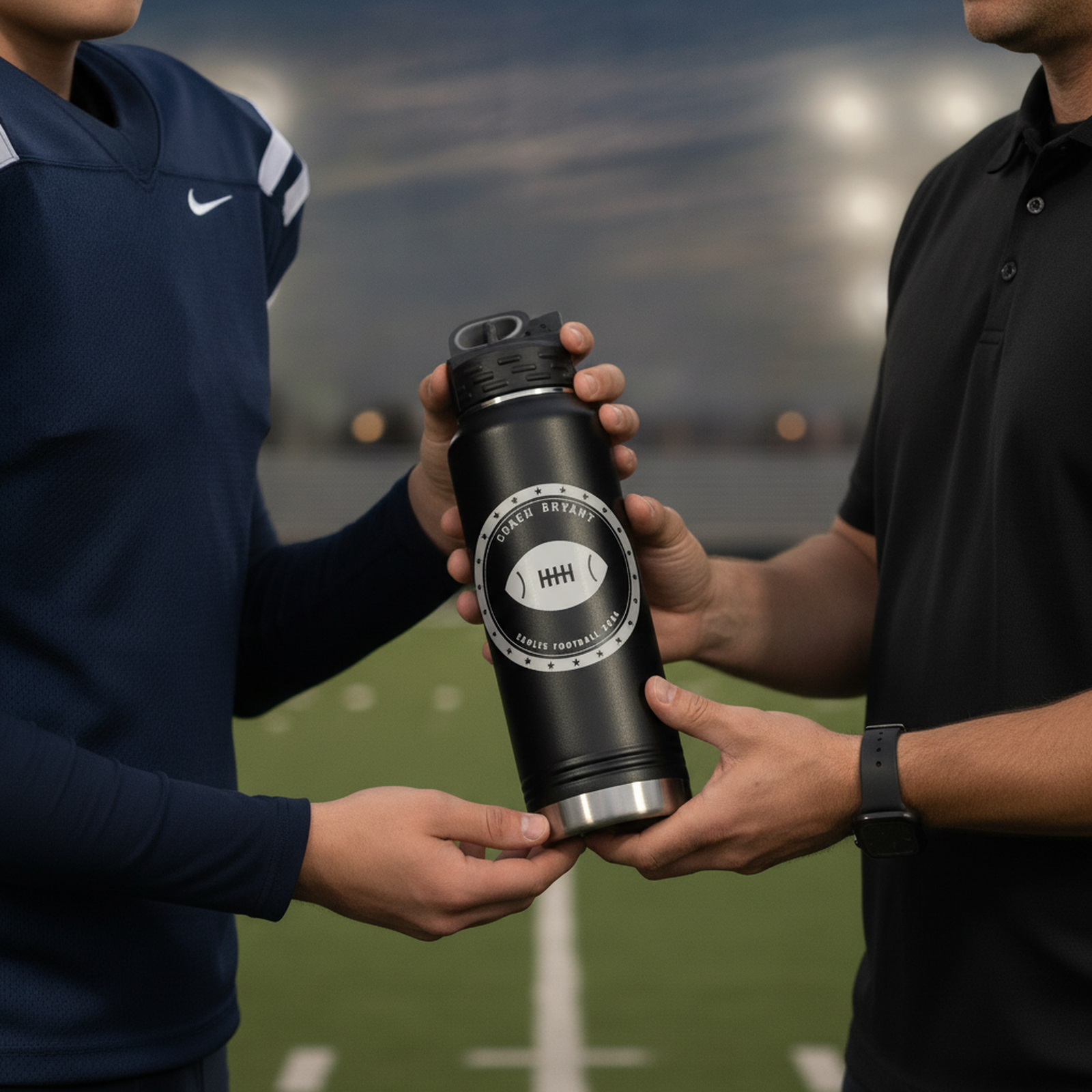 Football player handing his coach a personalized water bottle engraved with a football championship seal at a stadium sideline