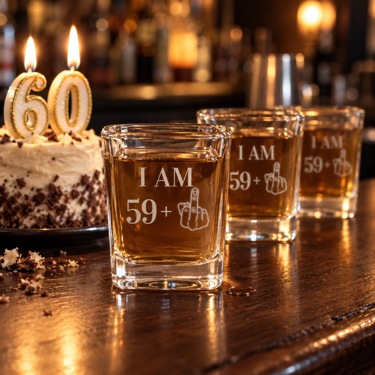 Three funny 60th birthday shot glasses engraved I AM 59 plus a middle finger lined up on a bar beside a birthday cake with 60 candles.