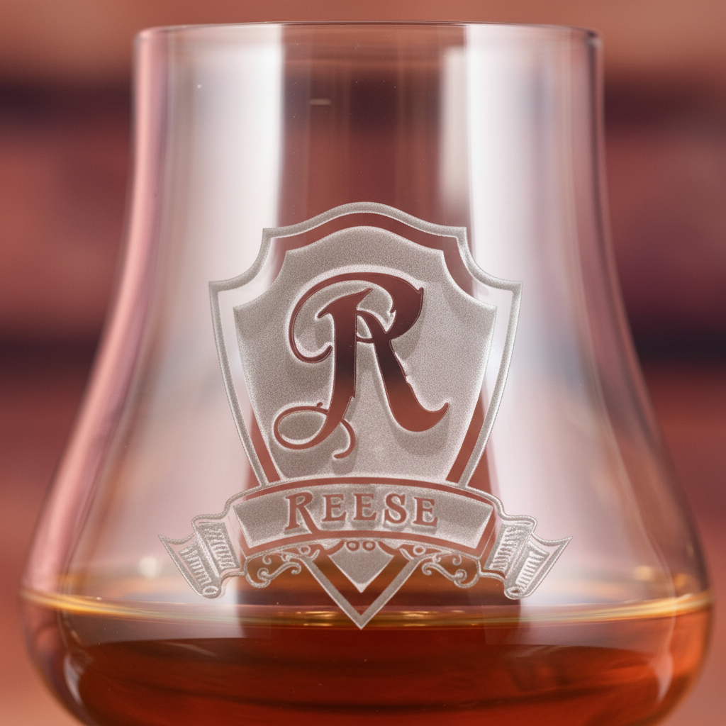 Close-up macro of Nose Master personalized whiskey nosing glass with sand-carved shield initial and engraved name banner showing the 3D depth of the sand-carved shield and banner engraving