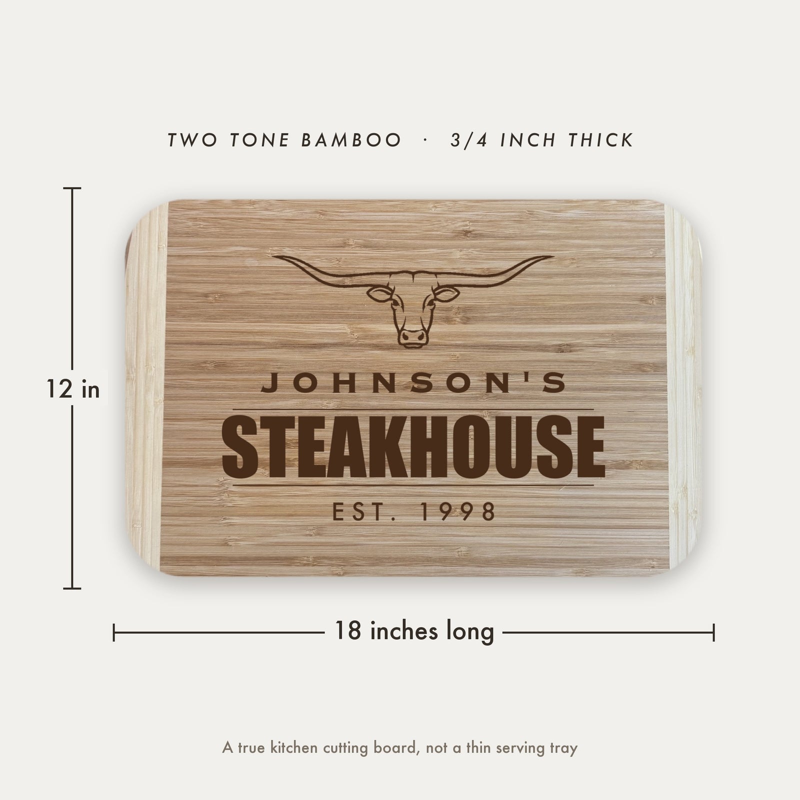 Dimension diagram of the personalized steakhouse cutting board showing 18 inches long by 12 inches wide, in two tone bamboo at three quarters of an inch thick.