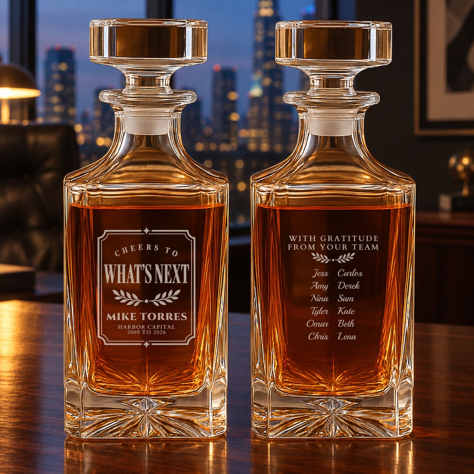 Front and back of a Cheers to What's Next whiskey decanter, a gift for a boss leaving, engraved Mike Torres with twelve team names on the back