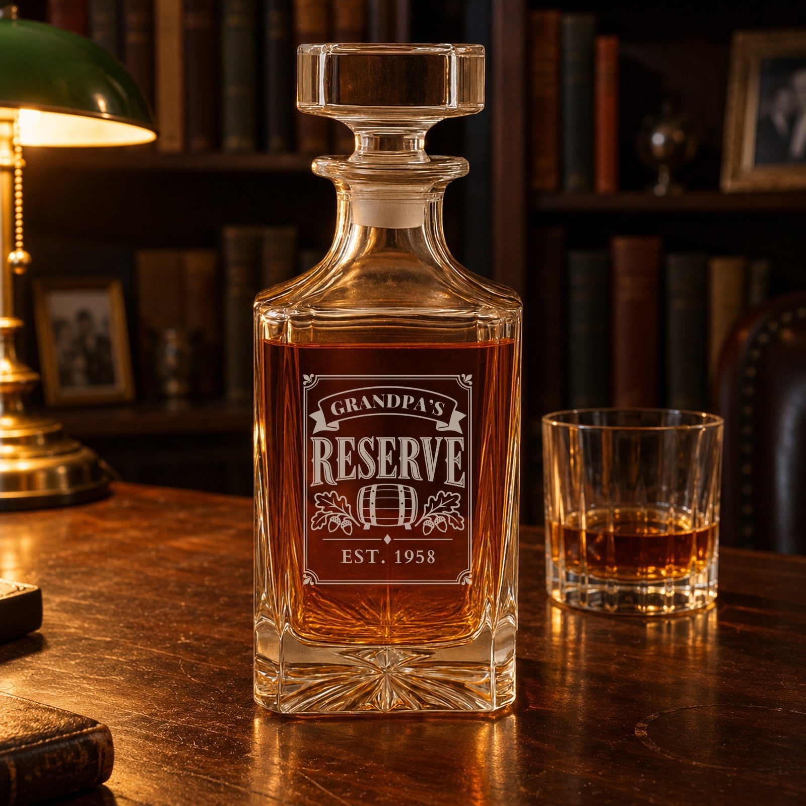 Personalized whiskey decanter on a lamp-lit study desk, engraved Grandpa's Reserve with Est. 1958 under the label, one of the thoughtful gifts for grandpa from grandkids