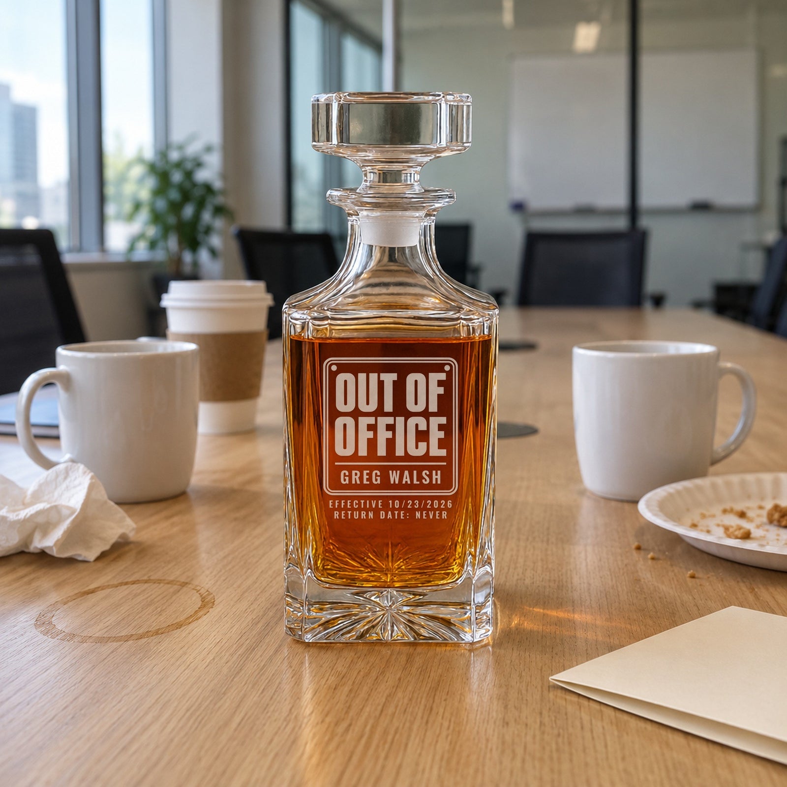 Engraved Out of Office decanter on a conference table at an office send-off with coffee mugs and a card, a going away gift for Greg Walsh