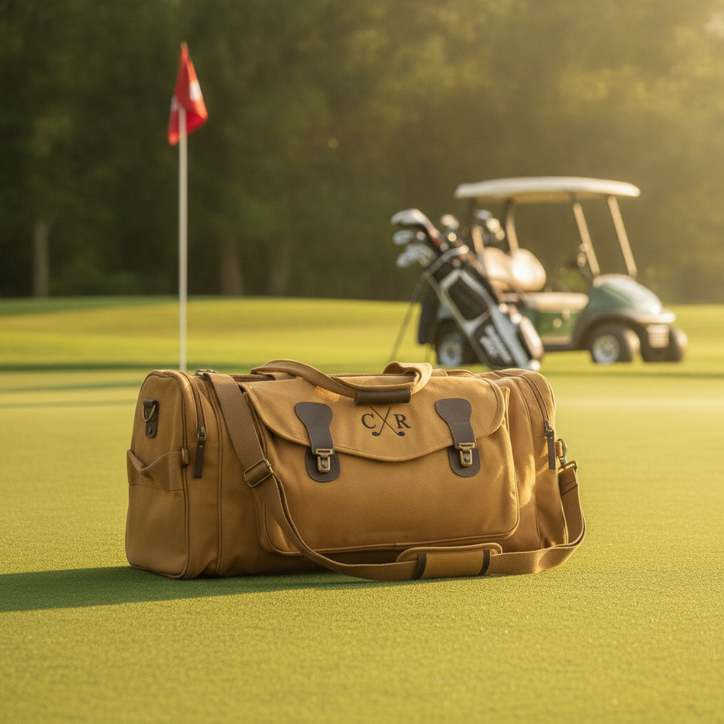 Tan canvas golf coach duffle bag on a putting green beside a flagstick, clubs, and cart, embroidered with crossed golf clubs and two initials, a golf coach gift.