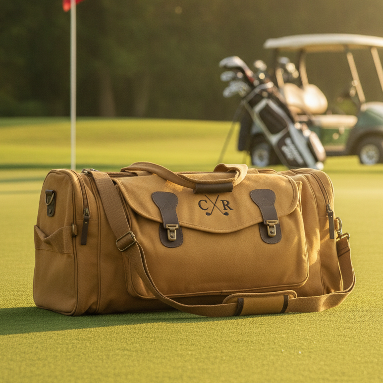 Tan canvas golf coach duffle bag on a putting green beside a flagstick, clubs, and cart, embroidered with crossed golf clubs and two initials, a golf coach gift.