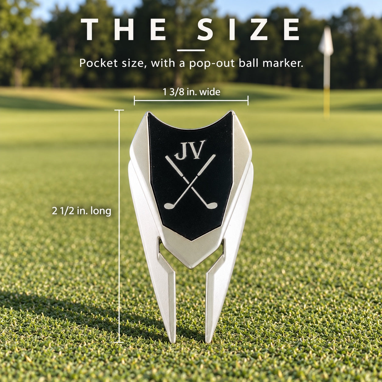 Size of the personalized golf divot repair tool: 2 1/2 inches long and 1 3/8 inches wide, pocket size with a pop-out ball marker