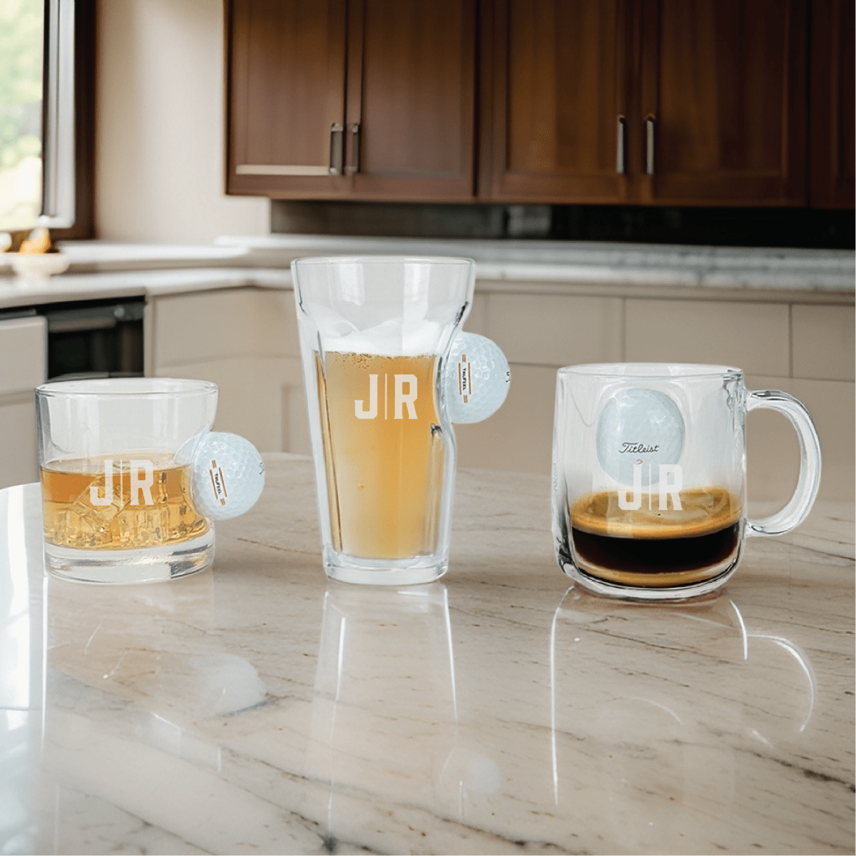 Golfers' Glassware Trio featuring whiskey glass, beer pint, and coffee mug with embedded real golf balls.