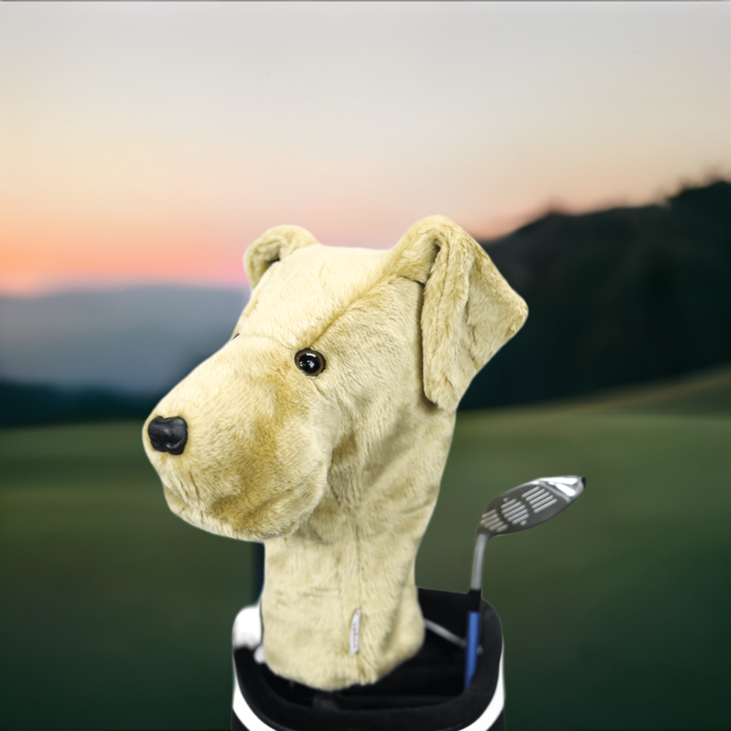 Yellow labrador plush golf headcover for drivers up to 460cc, photographed on a plain background