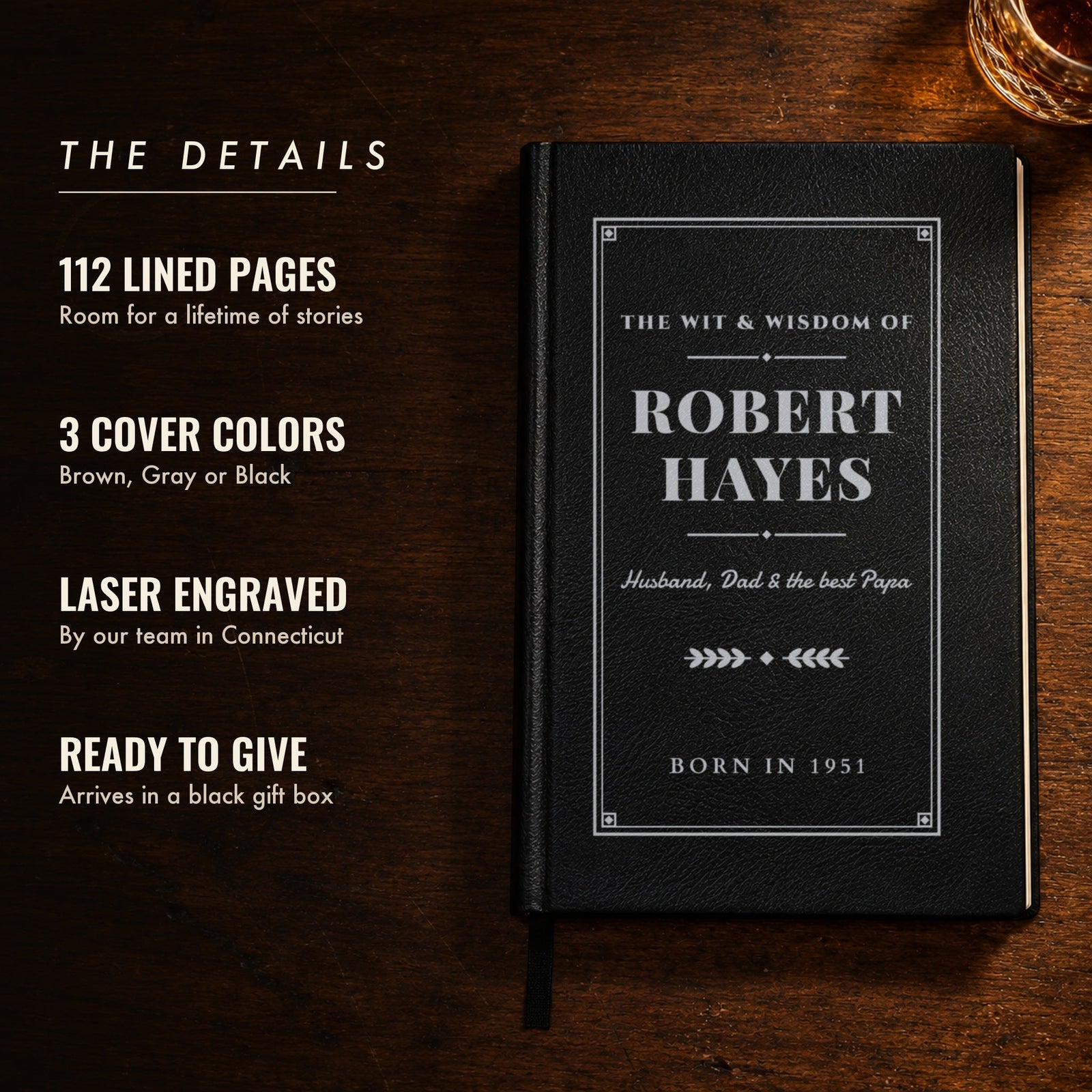 Details of the engraved grandpa journal: 112 lined pages, 3 cover colors, laser engraved, gift box, shown in black as The Wit & Wisdom of Robert Hayes