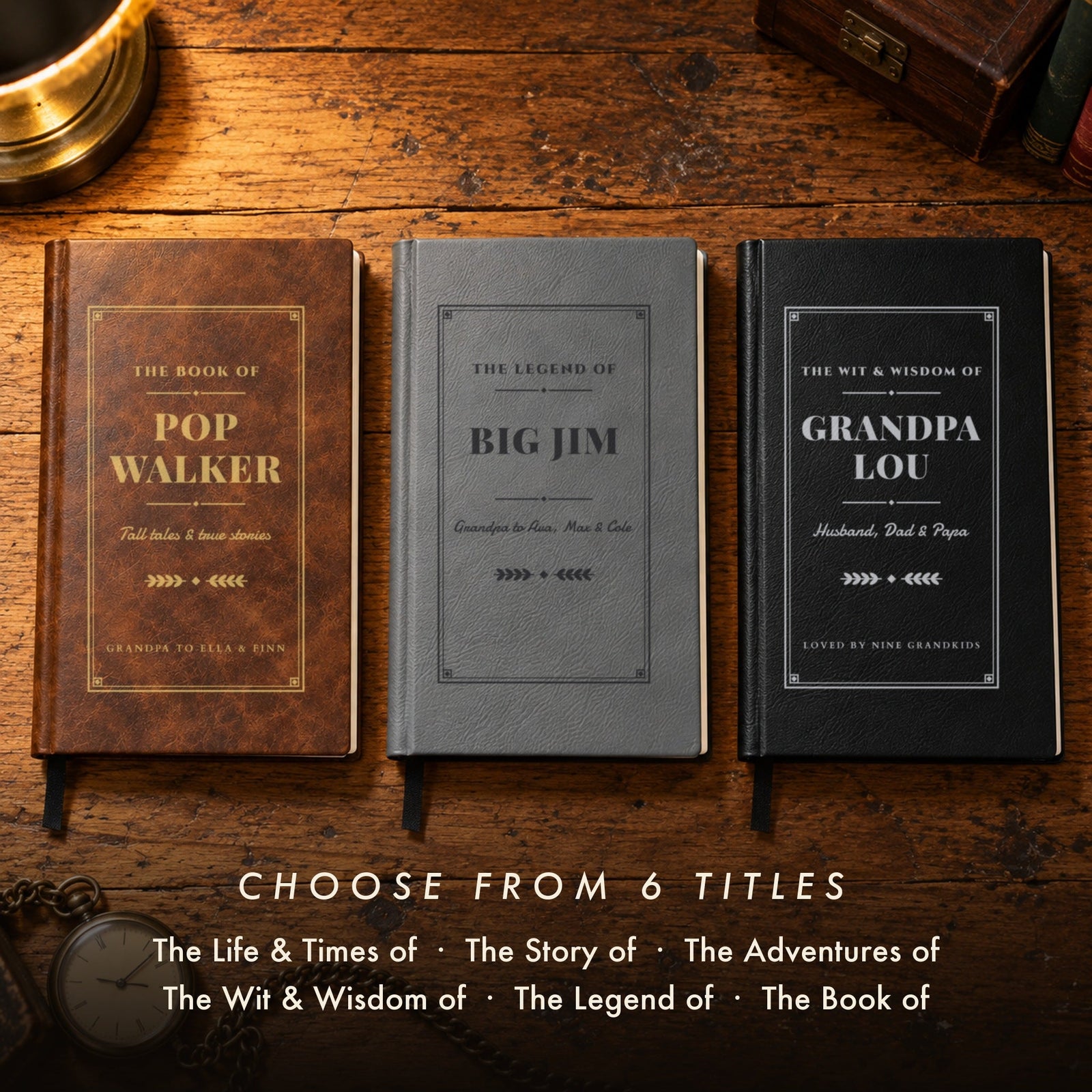 Three engraved grandpa journals in brown, gray and black with titles The Book of, The Legend of and The Wit & Wisdom of, gifts for grandpa who has everything