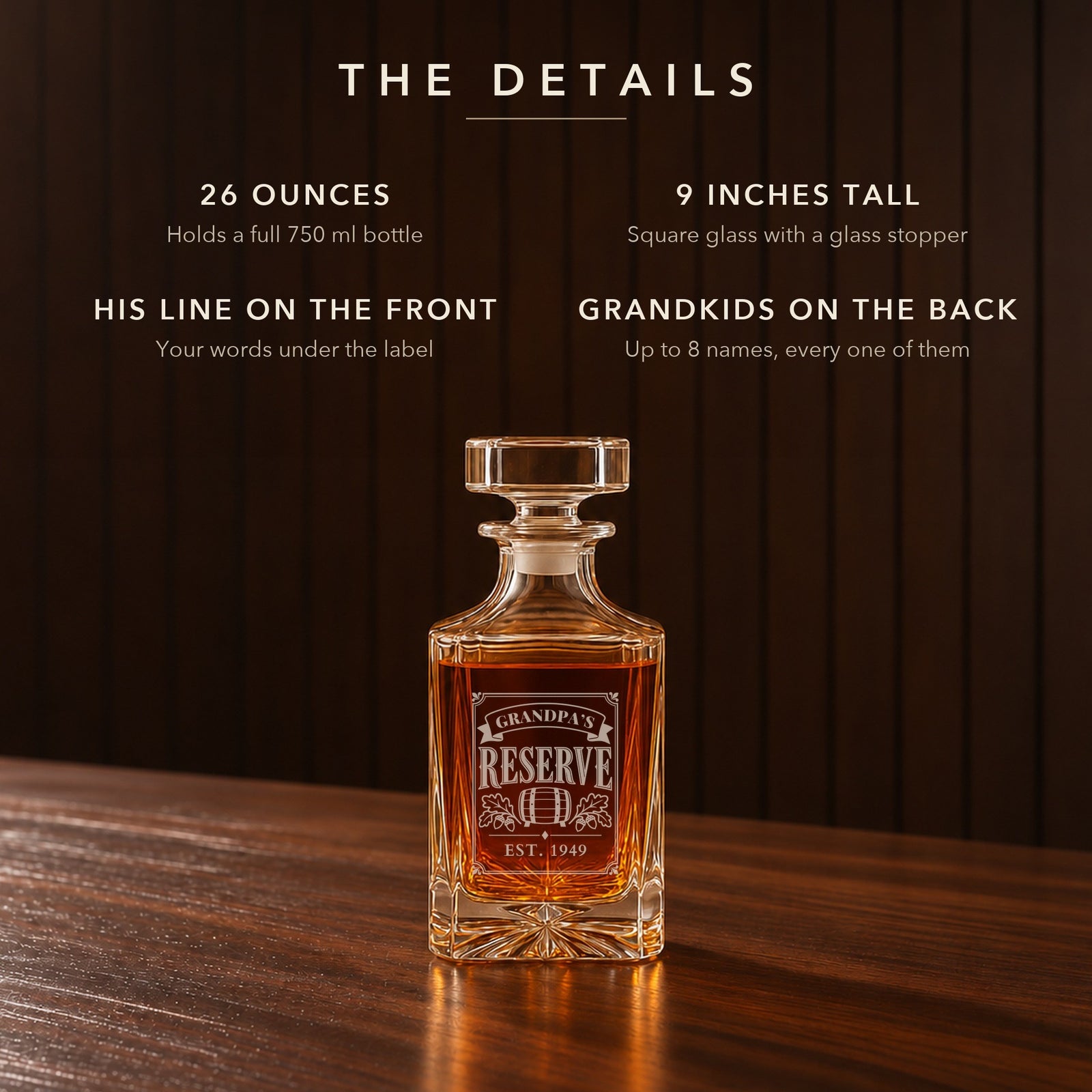 Details of the personalized grandpa whiskey decanter: 26 oz, 9 inches tall, his line on the front and up to 8 grandkids' names on the back, Est. 1949