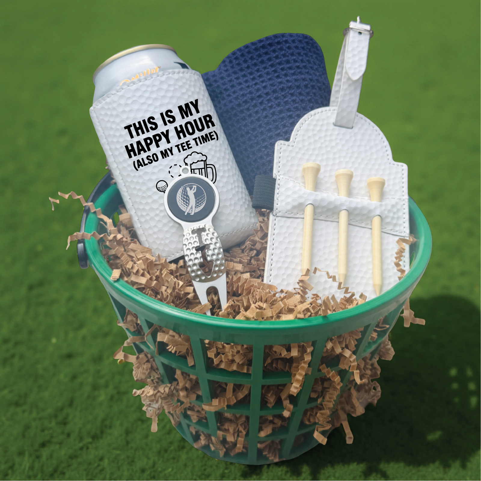 Golf gift basket with koozie, divot tool, tees, towel, bag tag, and golf accessories – perfect gift for men or tournament prize.
