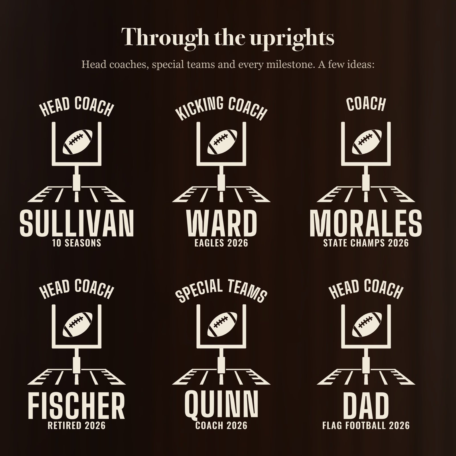 Six ways to engrave the head coach football beer stein: Head Coach Sullivan, Kicking Coach Ward, Coach Morales, Head Coach Fischer and more