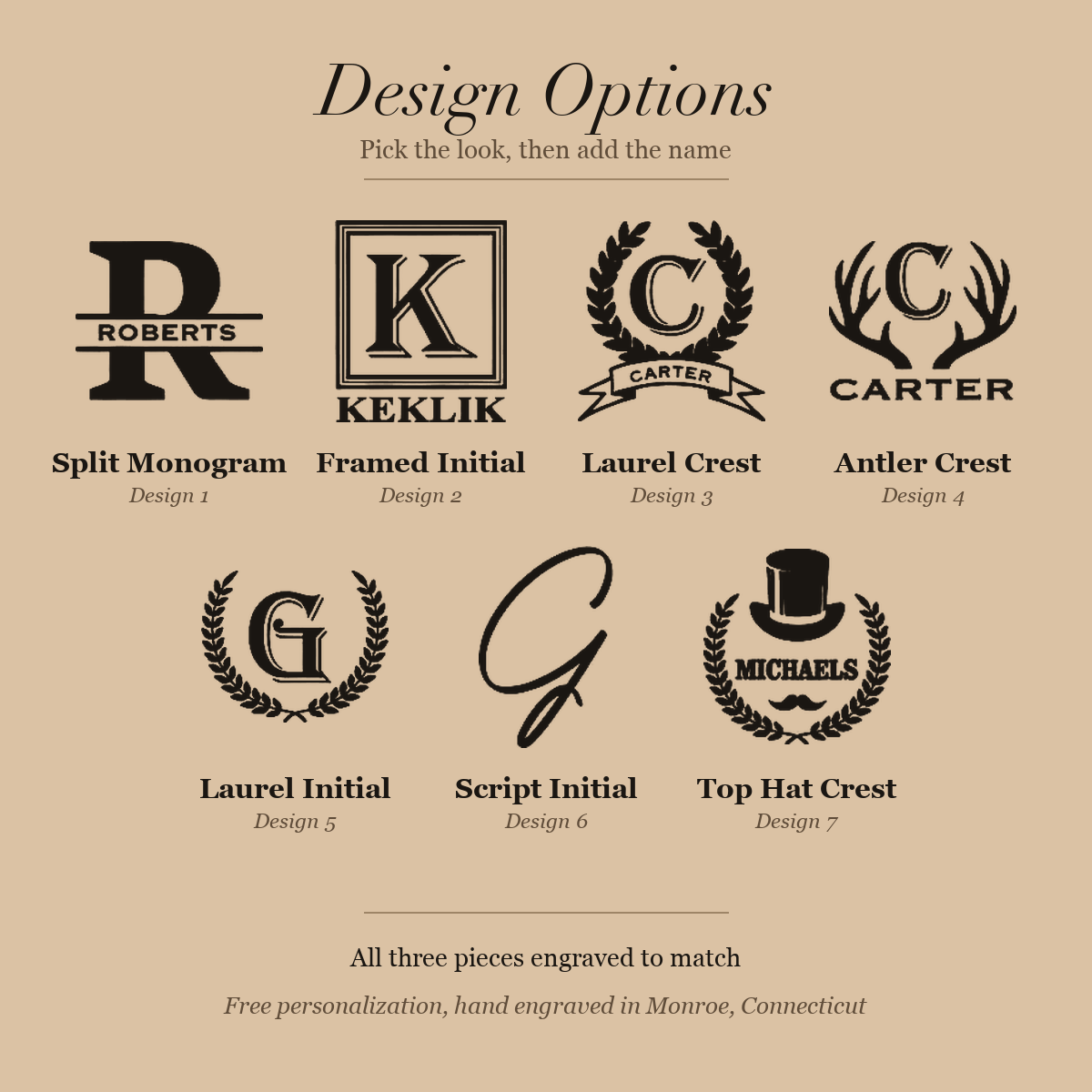 Chart of seven engraving designs for the personalized decanter set: split monogram, framed initial, laurel crest, antler crest, laurel initial, script initial and top hat crest