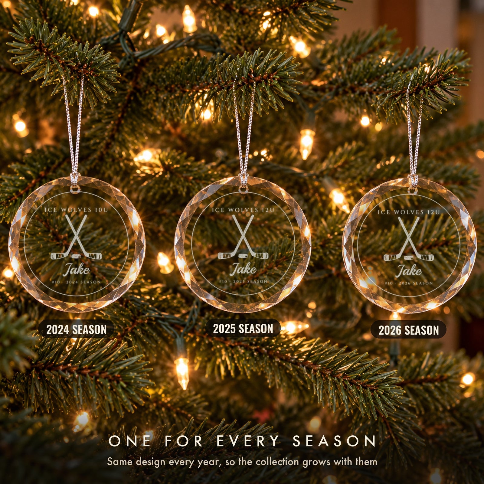 Three personalized hockey Christmas ornaments in a row on a tree, the same design every season, engraved Jake #10 for ICE WOLVES 10U and 12U, 2024 to 2026