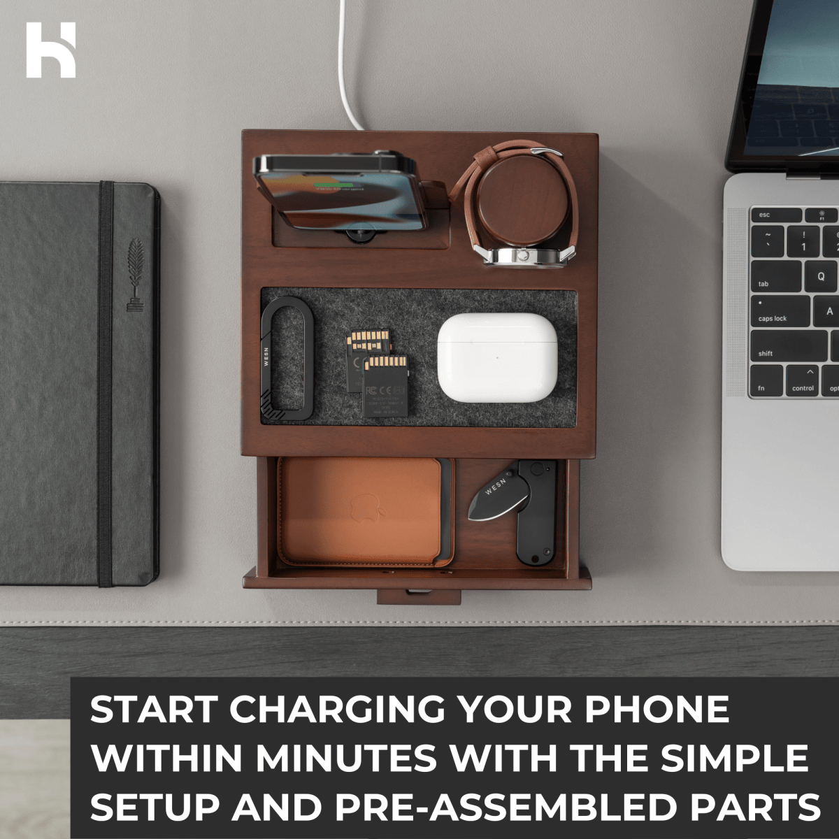 wooden charging dock in walnut finish