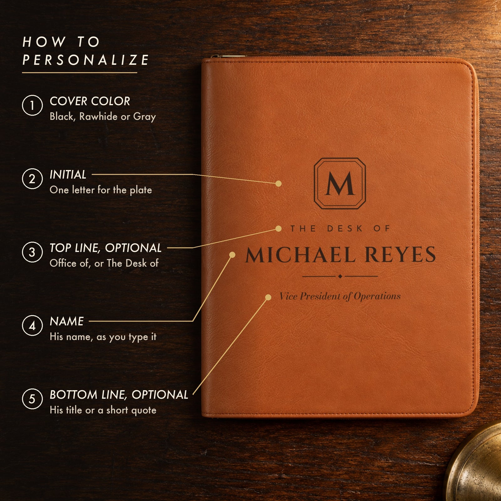 How to personalize the Executive padfolio: pick a cover color, an initial, an optional top line, his name and an optional title or quote