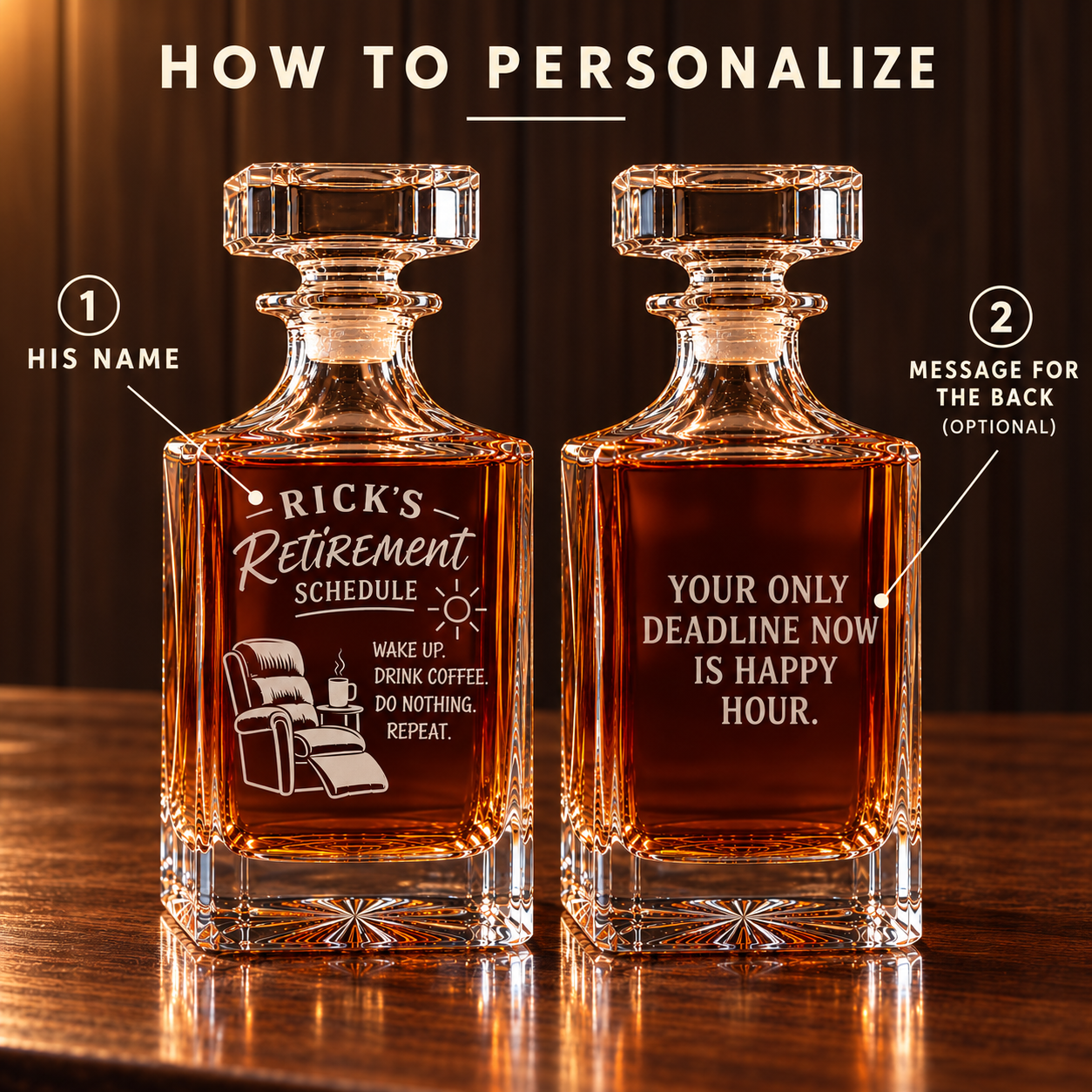 How to personalize the retirement schedule decanter: numbered guide showing his name on the front and an optional custom message on the back