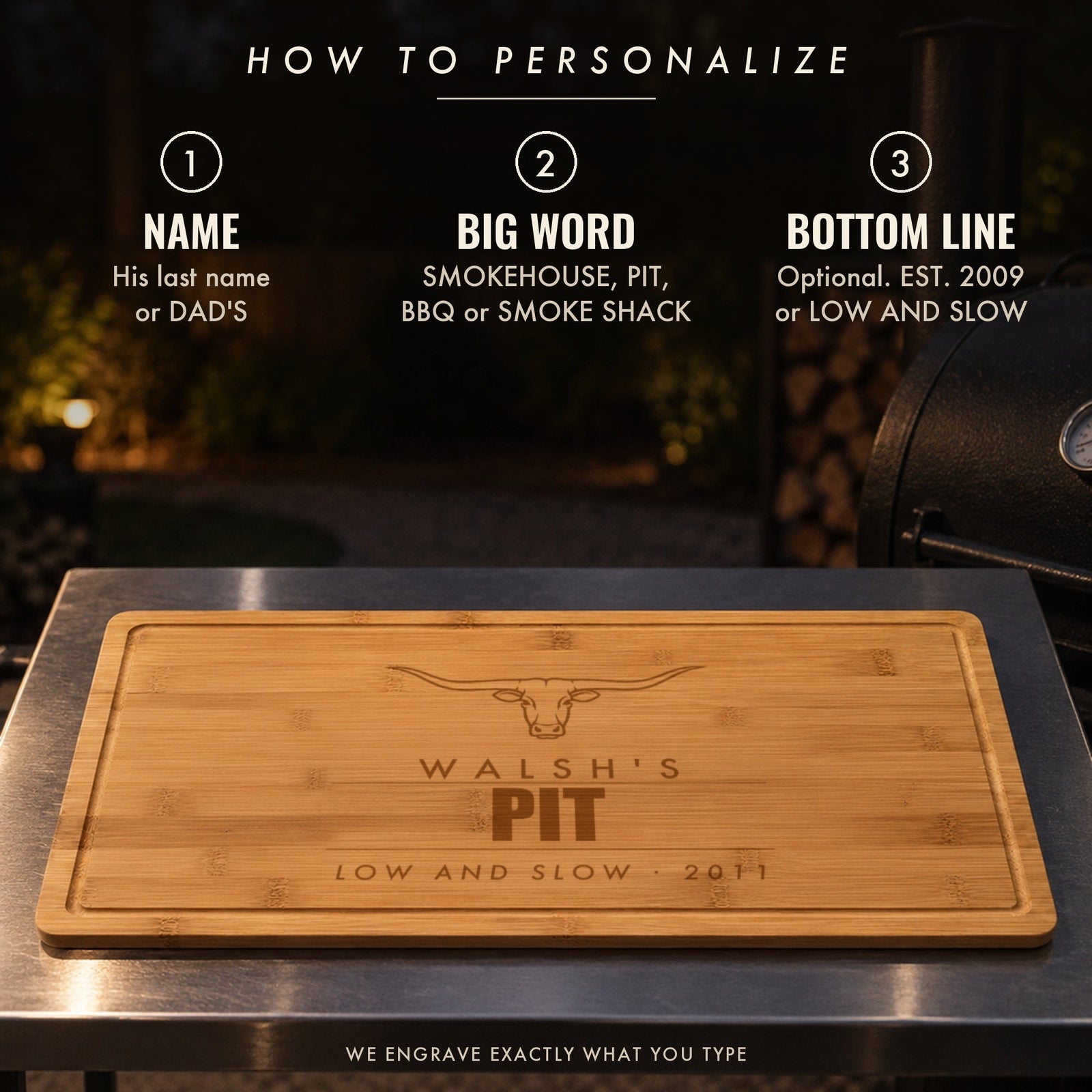 How to personalize the smokehouse cutting board: a name like WALSH'S, a big word like PIT, SMOKEHOUSE or BBQ, and an optional bottom line