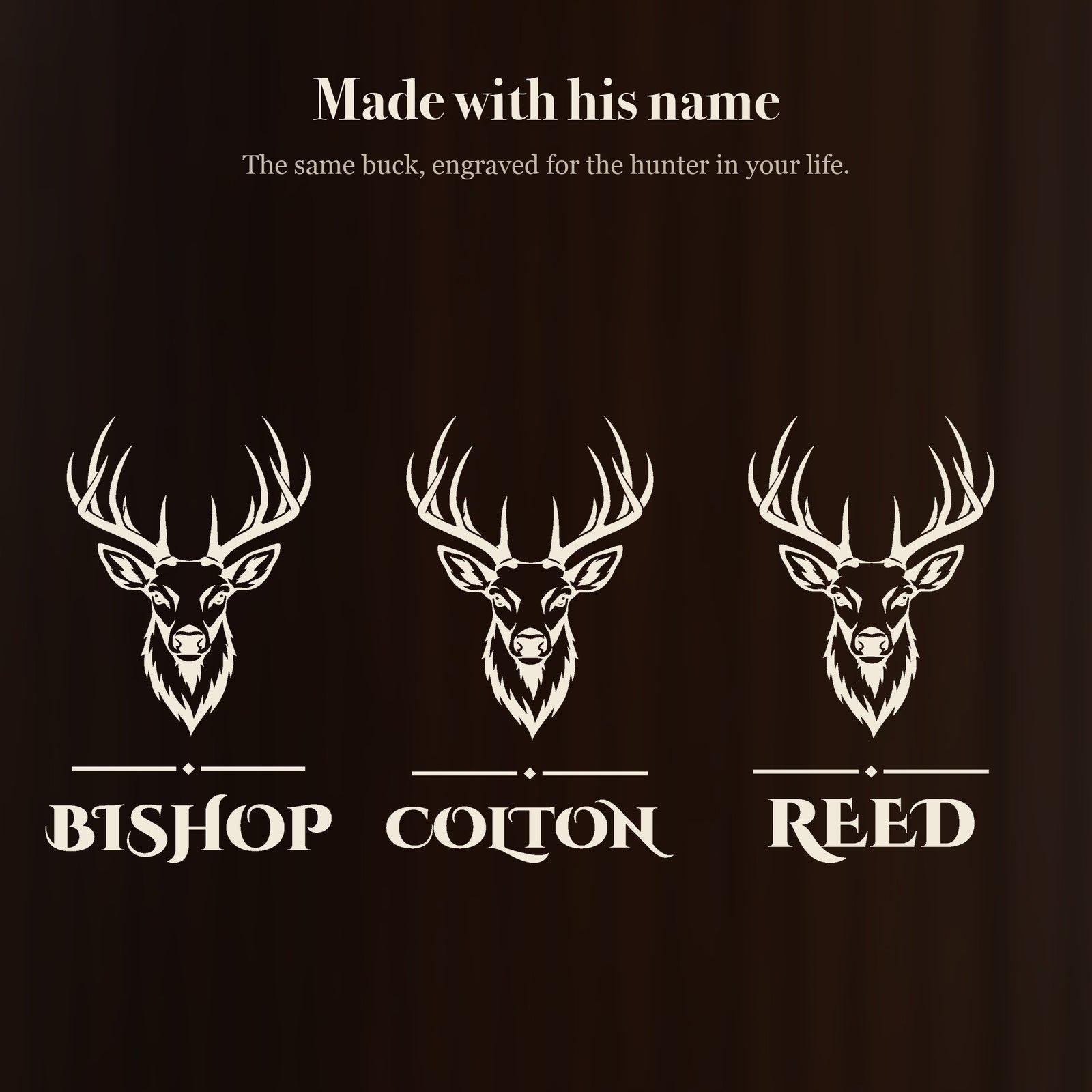 Three versions of the buck beer stein design engraved for three hunters, Bishop, Colton and Reed, each name set in bold decorative capitals