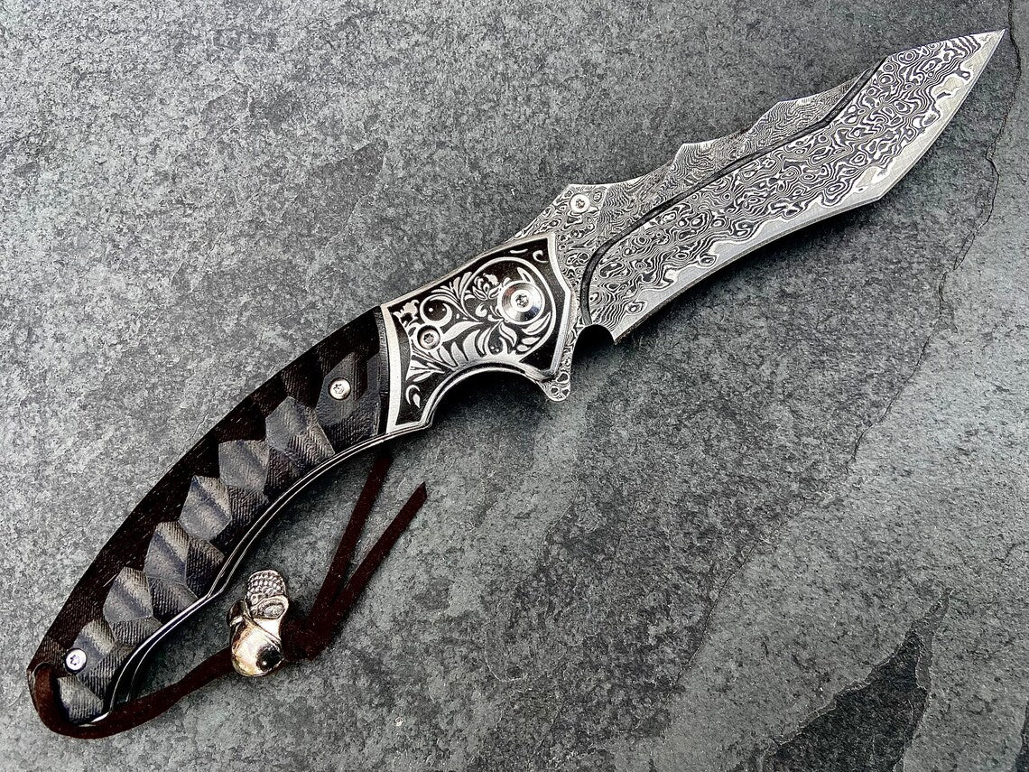 Unique Personalized Ebony Damascus Skullhead Customized Knives Gifts for Men by Groovy Guy